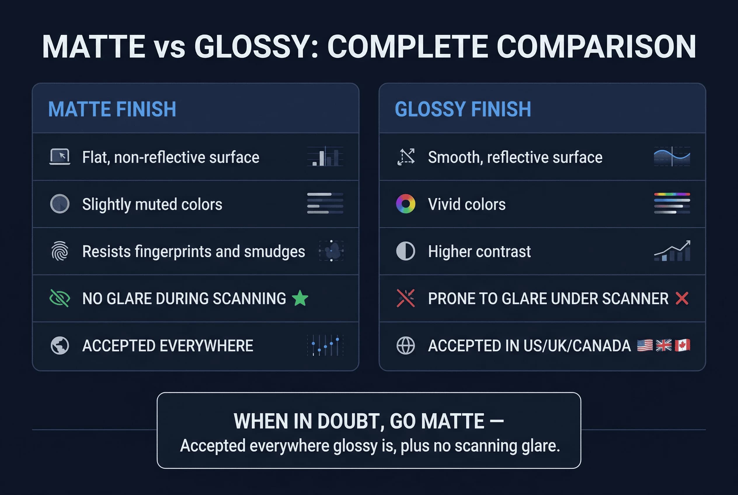 Price and feature comparison of matte versus glossy finishes for passport photo printing