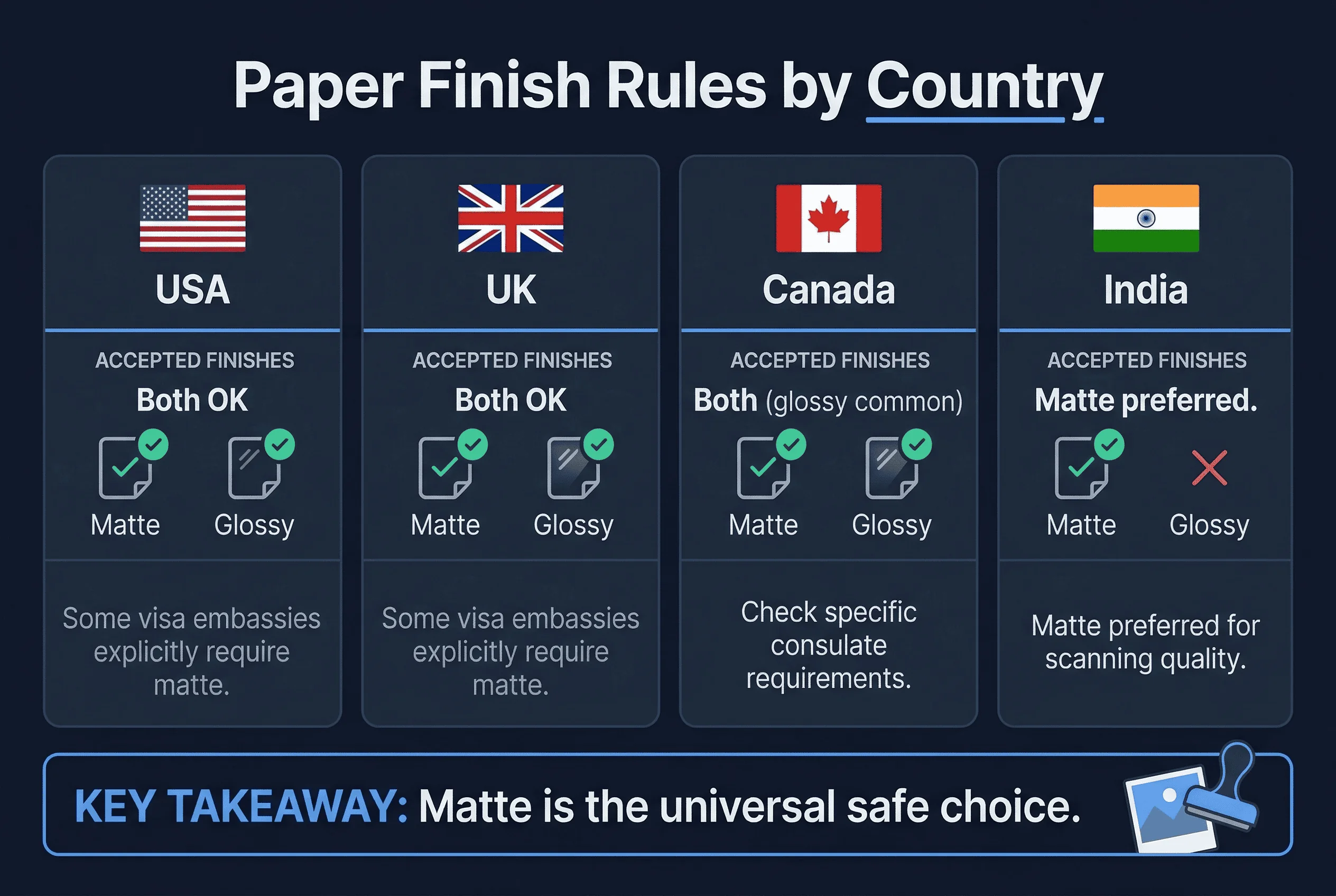 Grid comparing passport photo requirements across Canada, India, UK, US