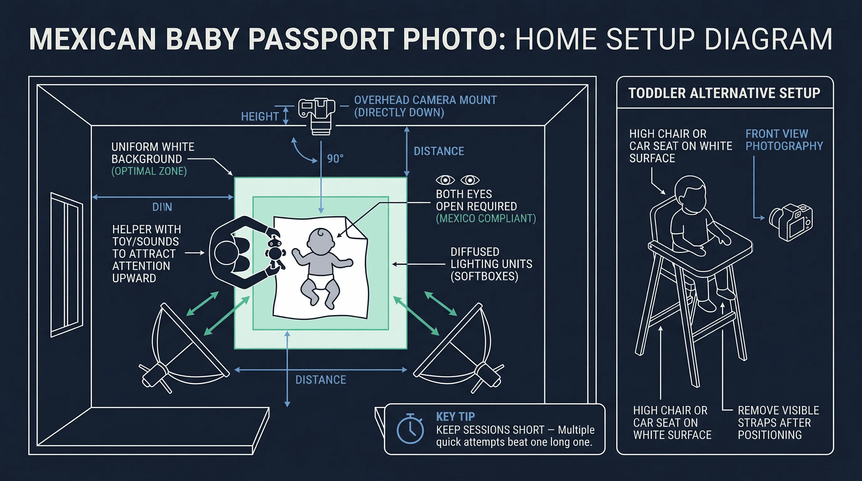 Diagram of a home baby passport photo setup for Mexico showing car seat method, camera position