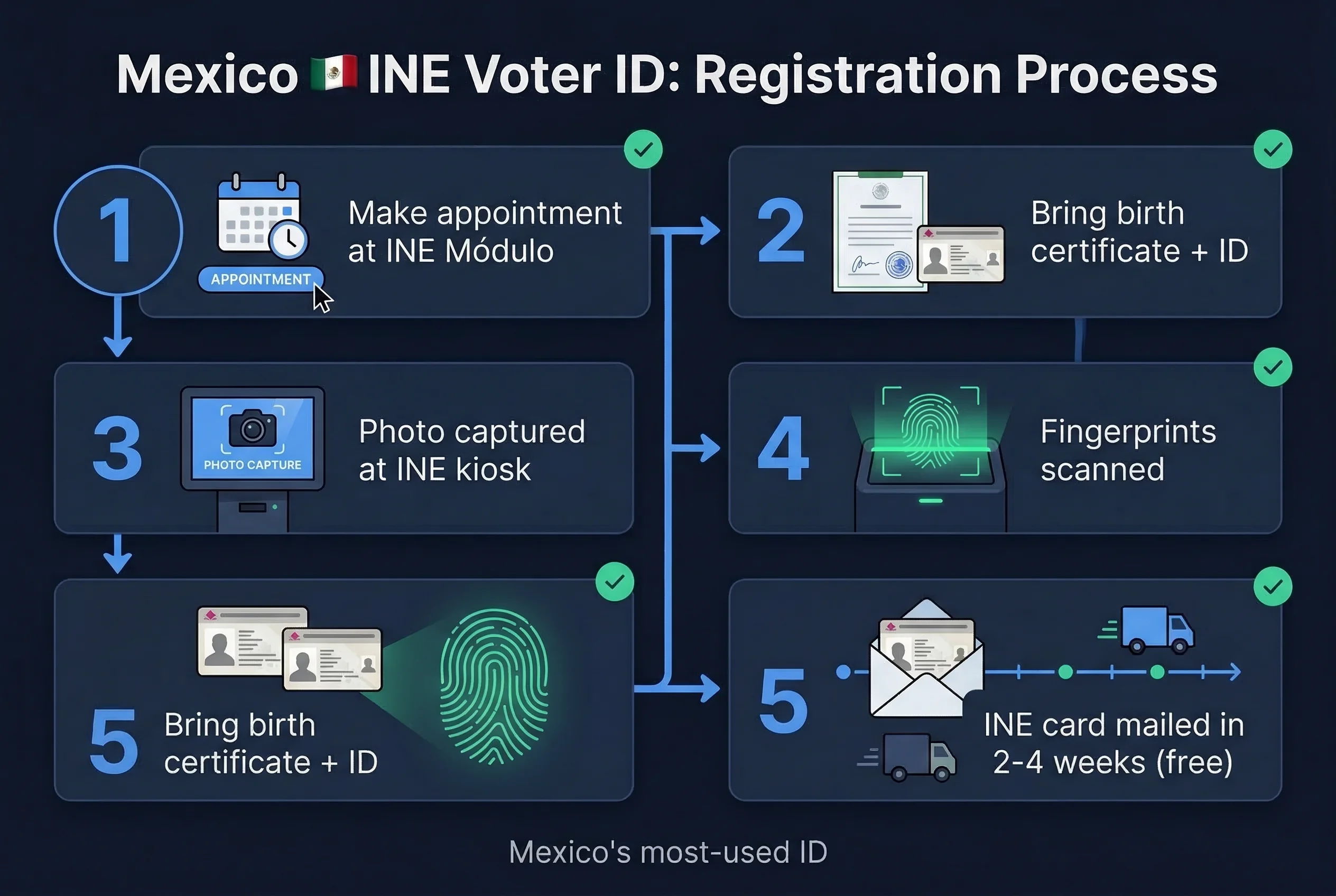 Step-by-step 5-step process for Mexico INE voter ID photos: make appointment at ine módulo through fingerprints scanned