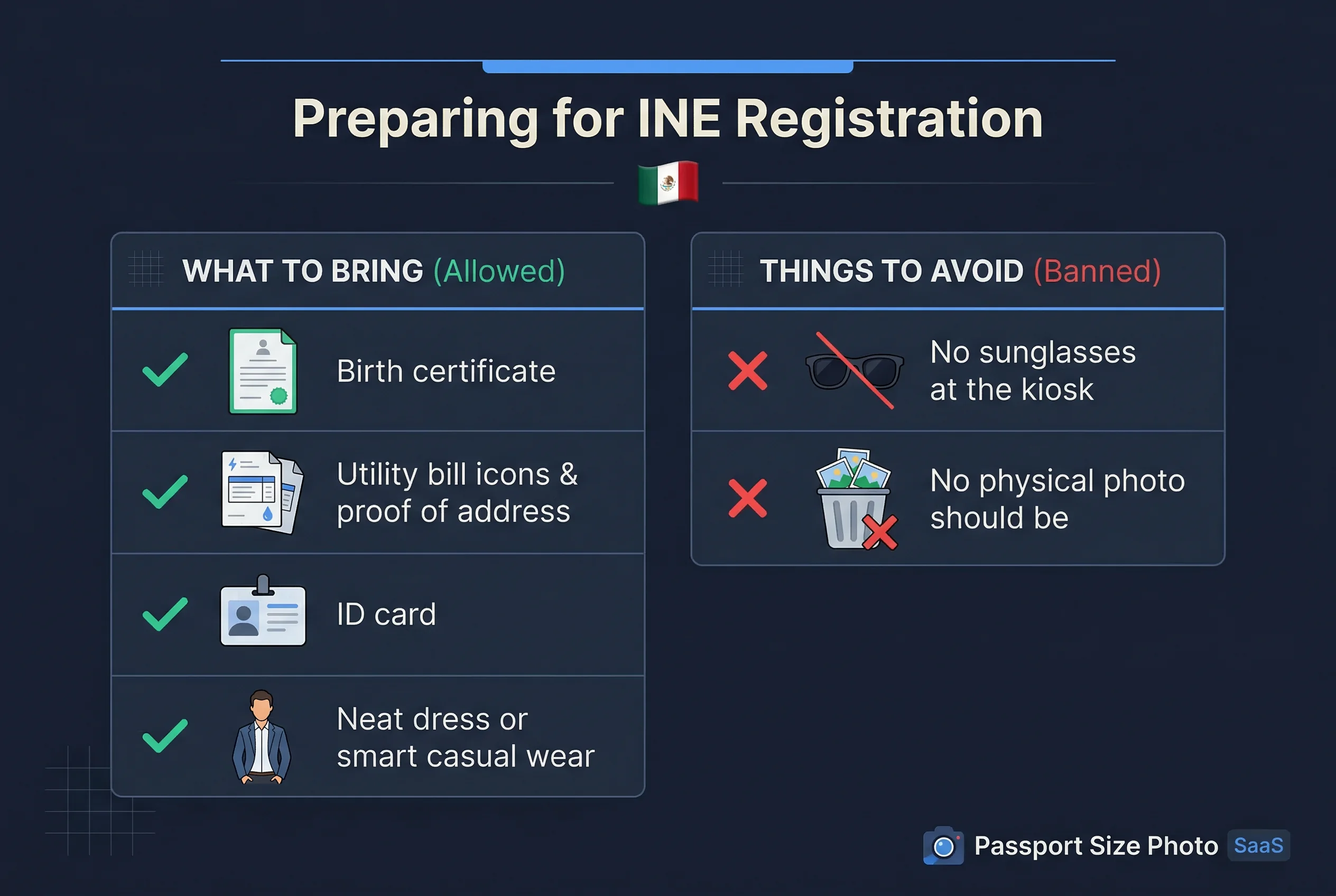Requirements checklist for Mexico INE voter ID photos showing allowed and prohibited items