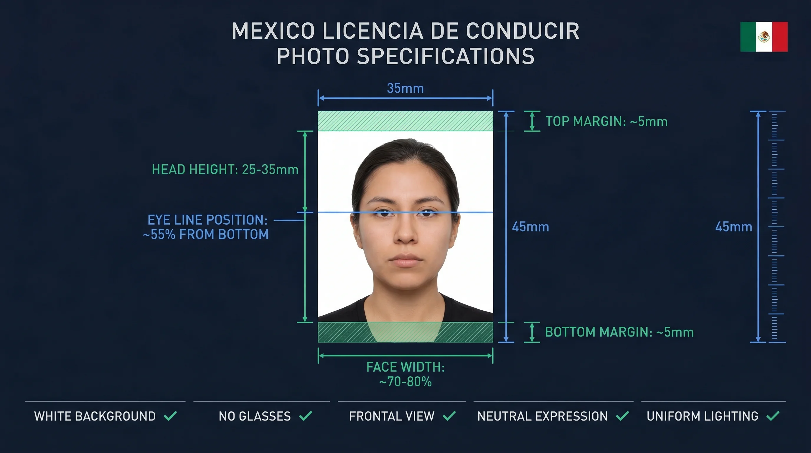 Diagram showing Mexico licencia de conducir photo dimensions: 35×45mm frame with head height and eye line markers