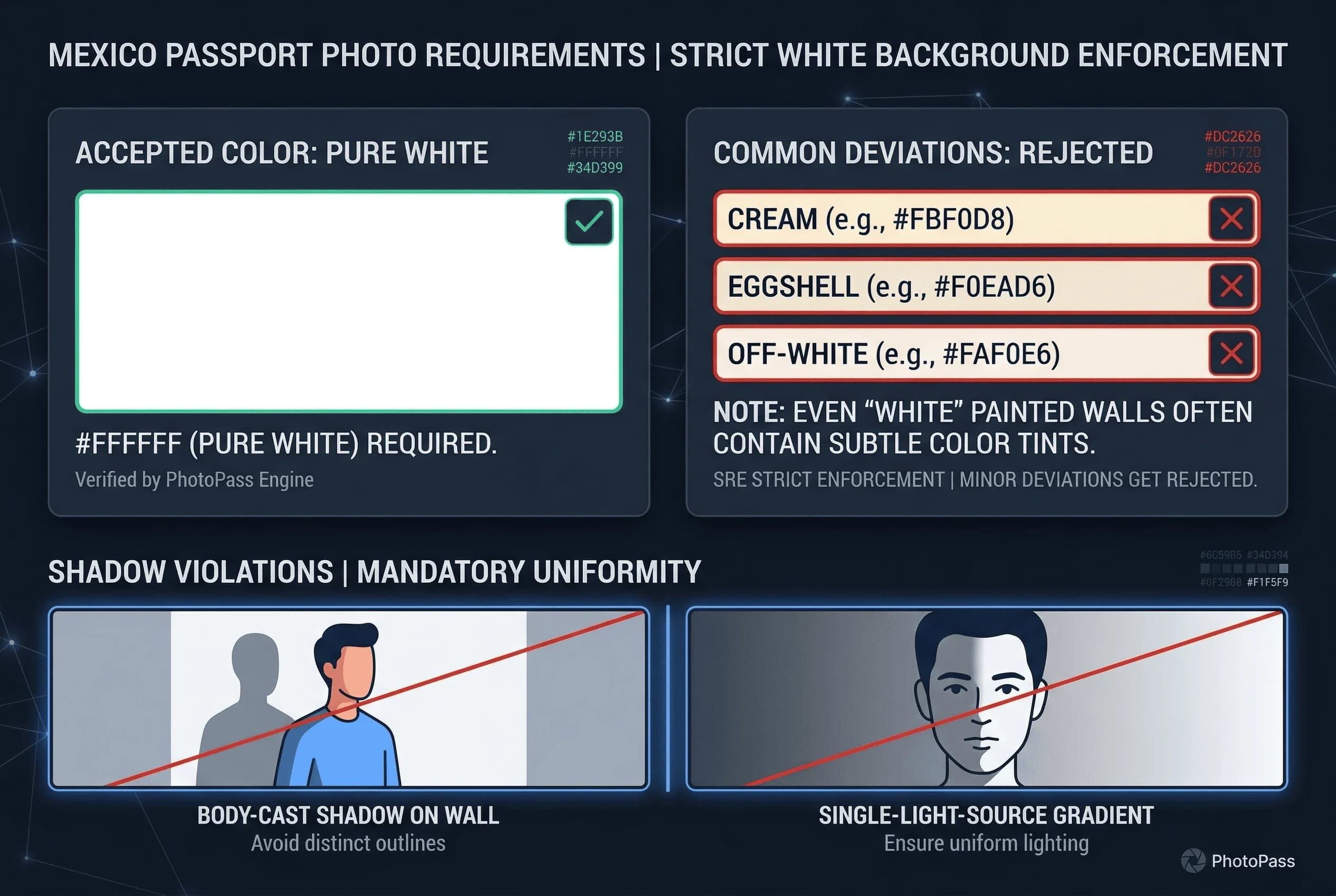 Color swatch comparison showing accepted white backgrounds for Mexico passport photos