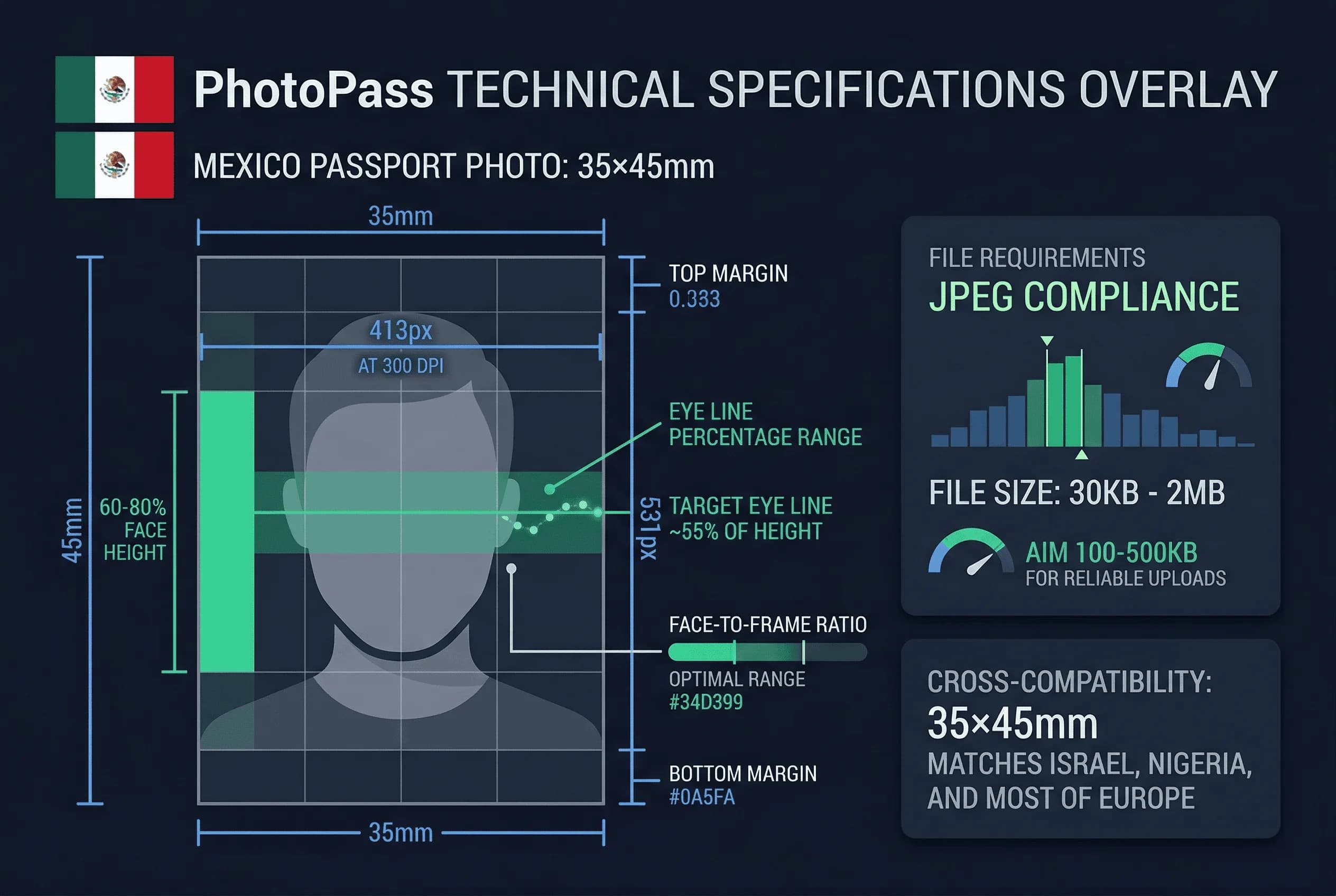 Diagram showing Mexico passport photo dimensions: 35×45mm frame with 60-80% face ratio markers