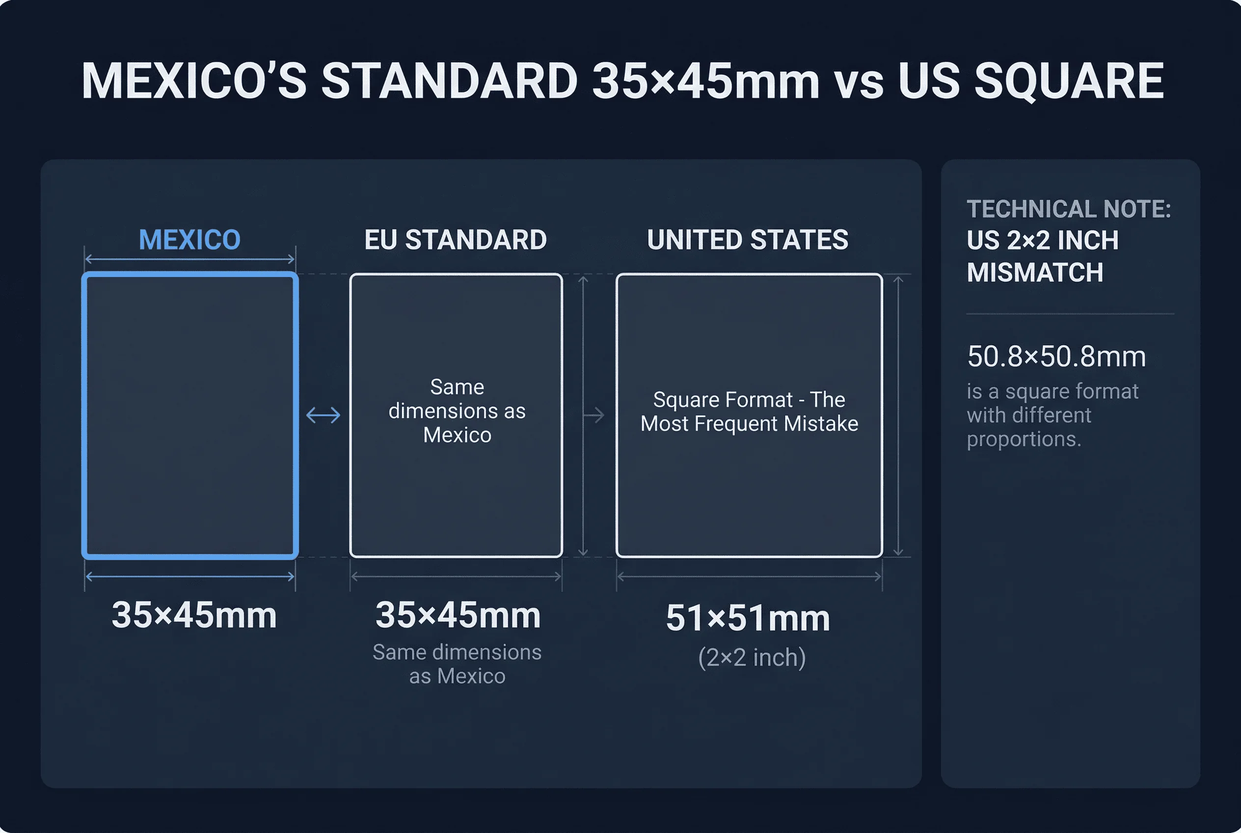 Size comparison chart showing passport photo dimensions for Mexico, US
