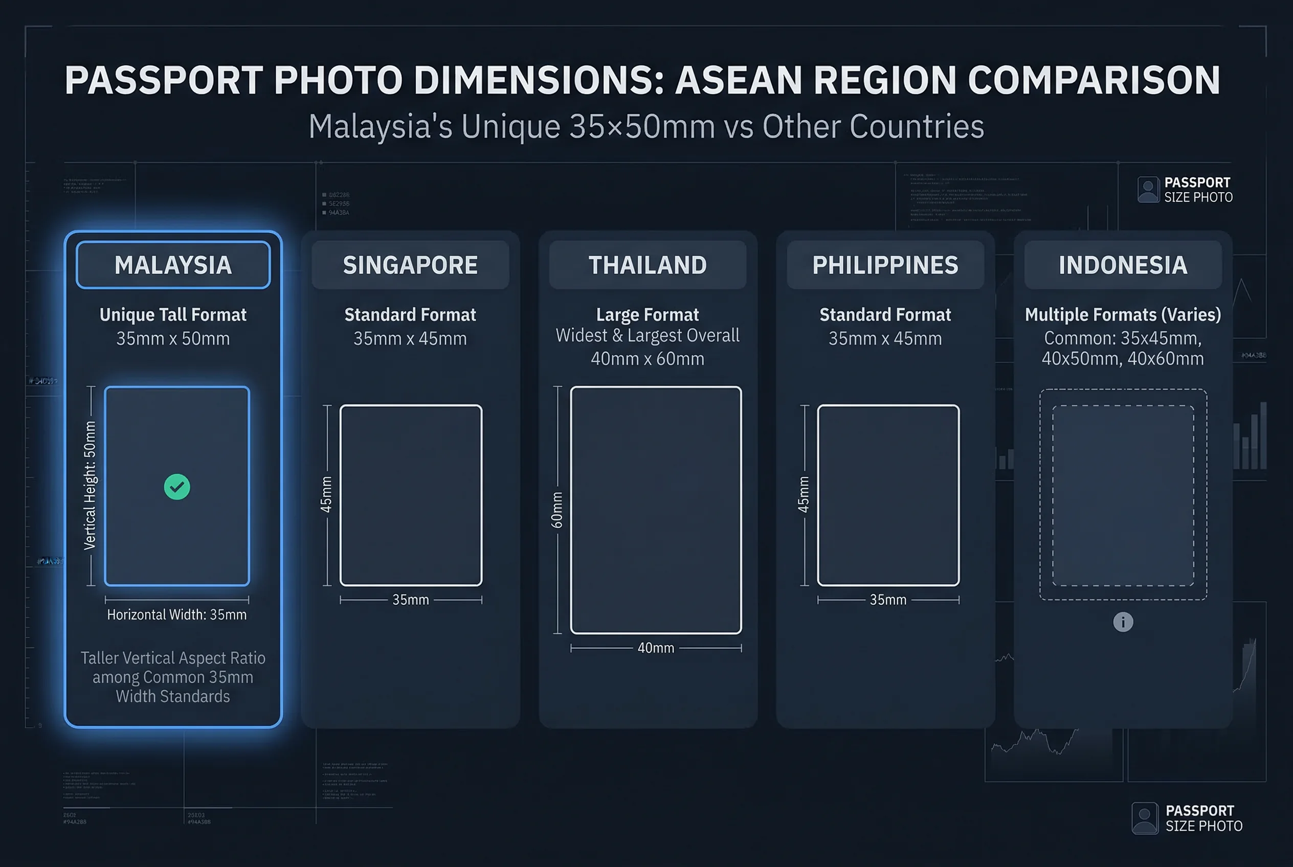 Size comparison chart showing MyKad photo dimensions for Indonesia, Malaysia, Philippines, Singapore, Thailand
