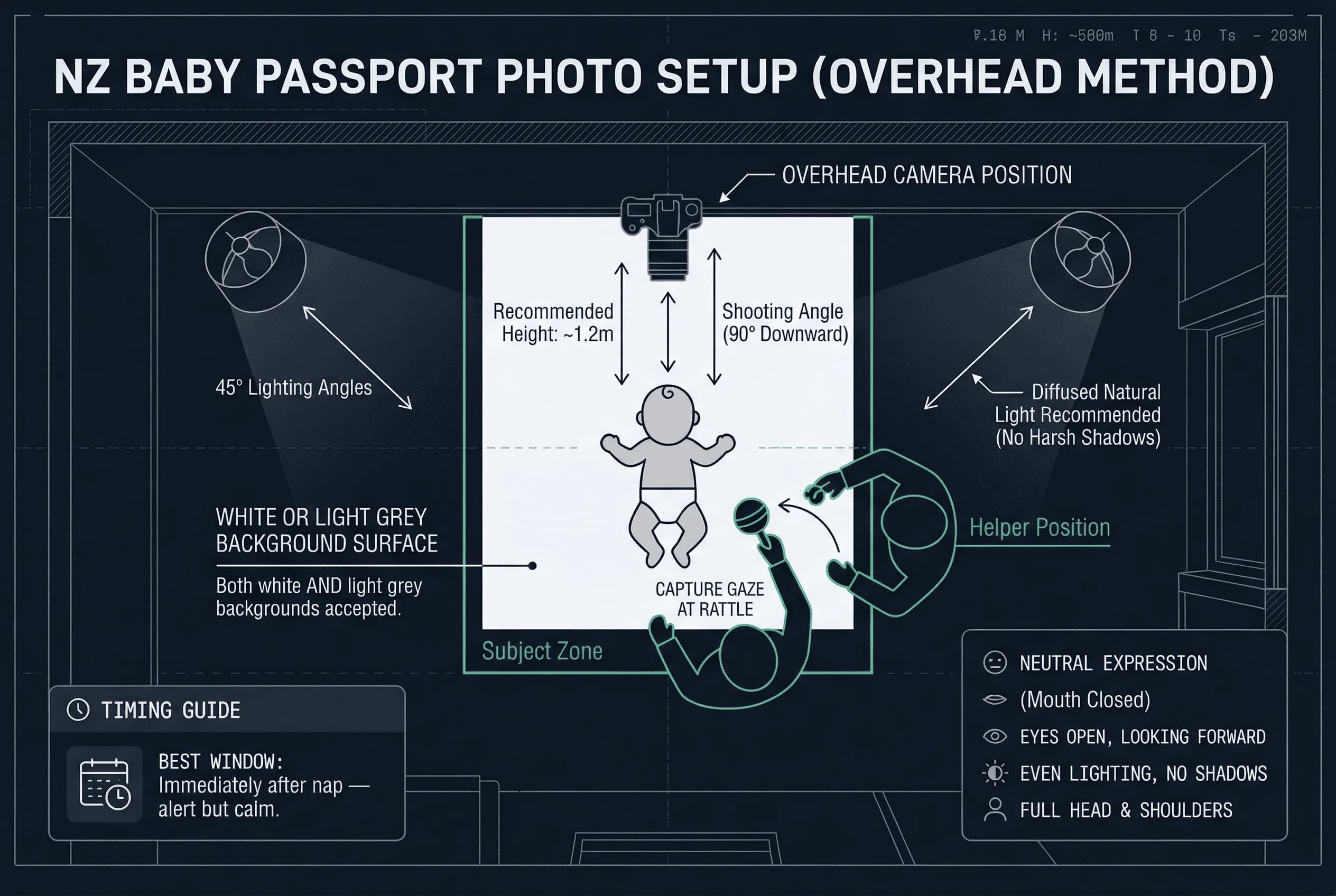 Diagram of a home baby passport photo setup for New Zealand showing camera position, backdrop, lighting placement