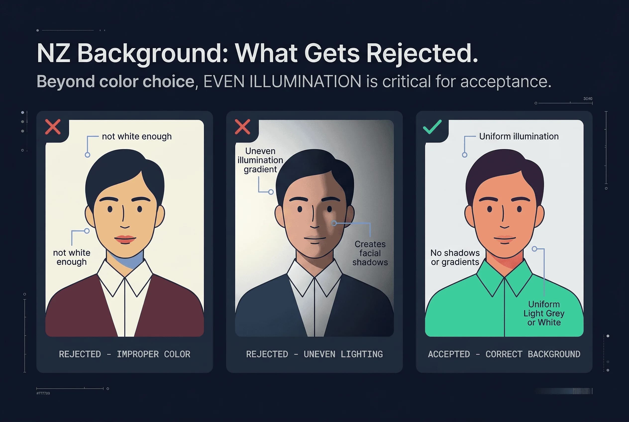 Examples of common New Zealand passport photo mistakes: cream/off-white and uneven lighting, with correct example shown