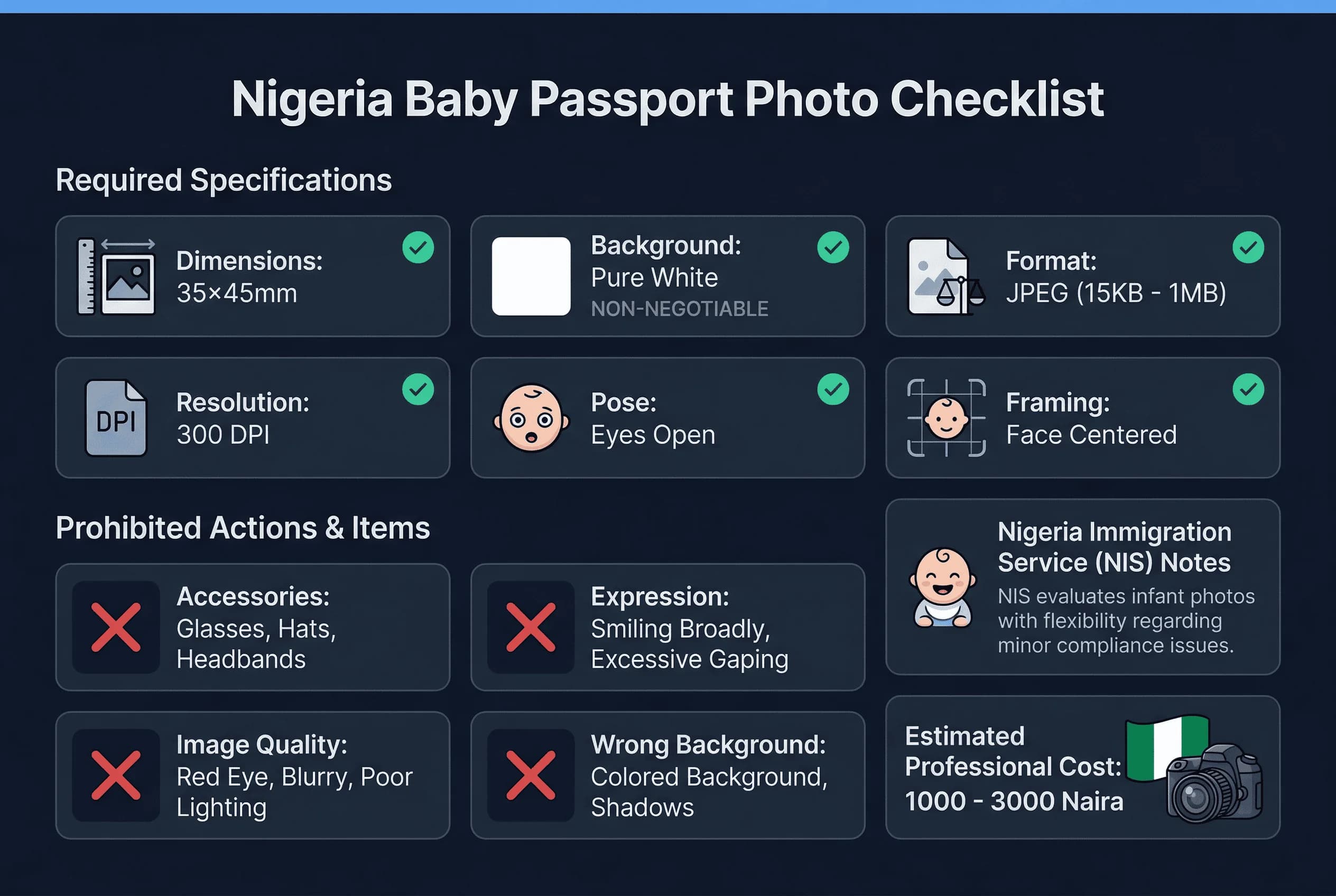 Requirements checklist for Nigeria baby passport photos: 35×45mm size, white #ffffff background non-negotiable, jpeg
