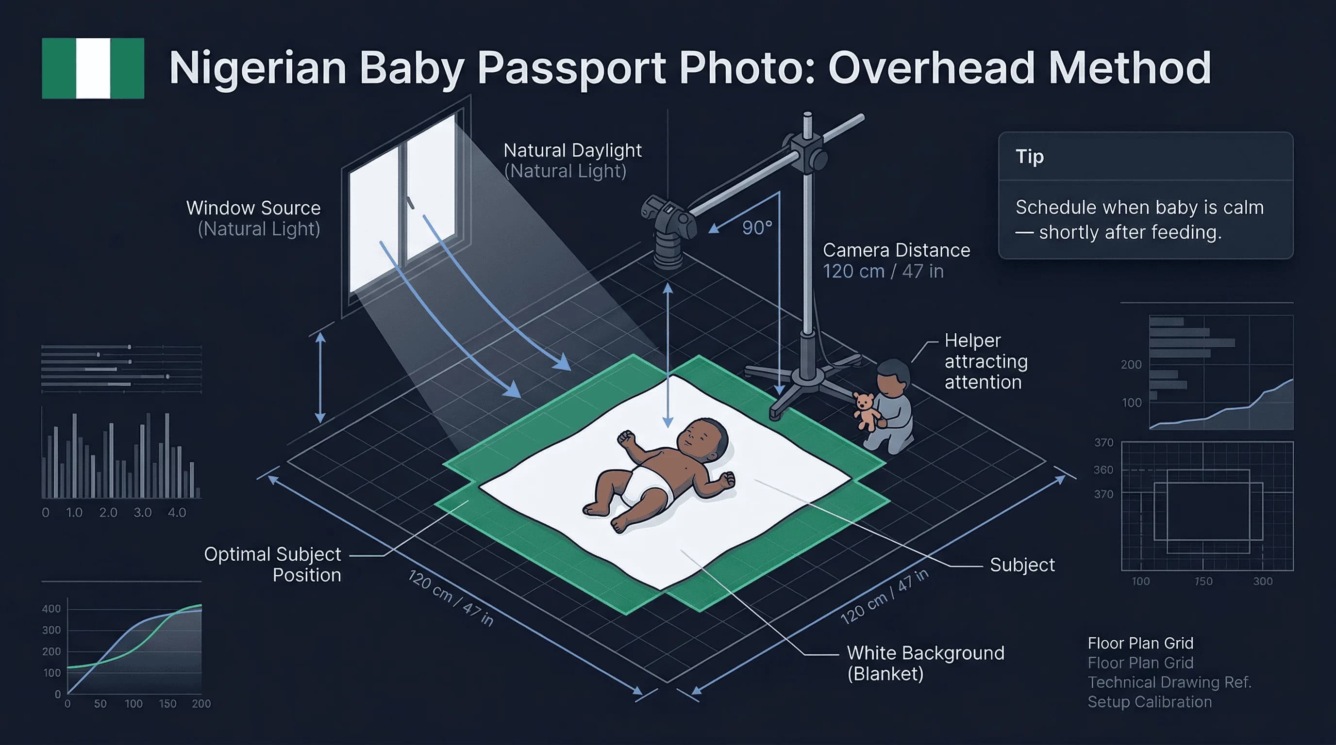 Diagram of a home baby passport photo setup for Nigeria showing camera position, natural lighting
