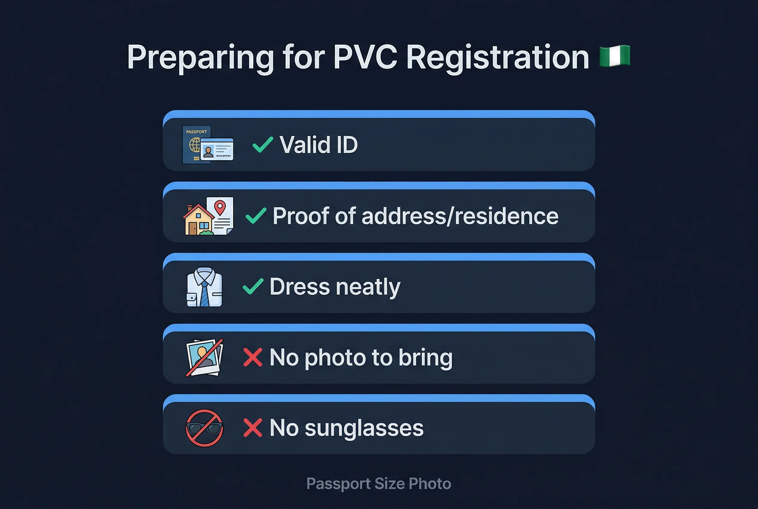 Requirements checklist for Nigeria PVC voter card photos showing allowed and prohibited items