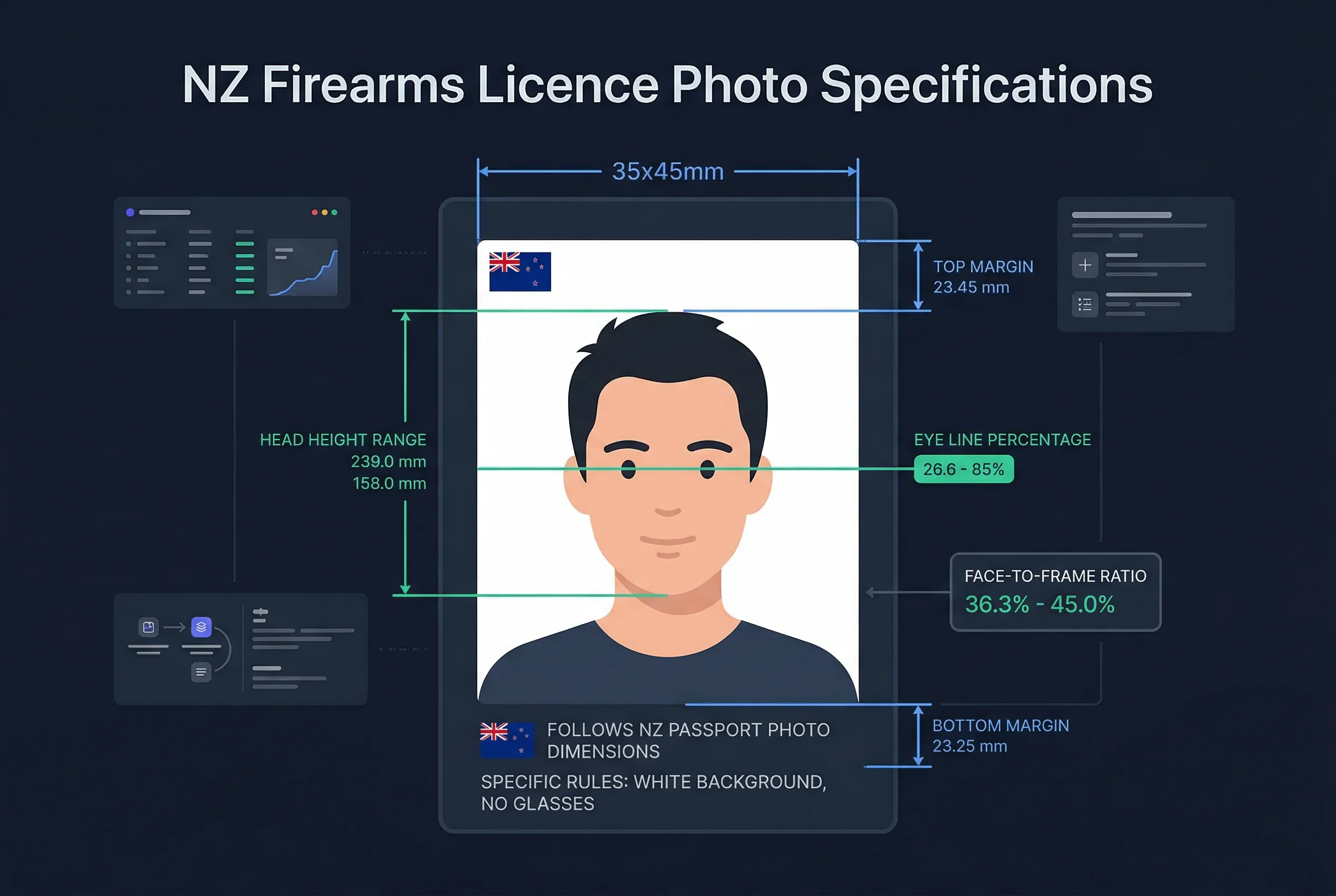 Diagram showing NZ firearms licence photo dimensions: 35×45mm frame with head height and eye line markers