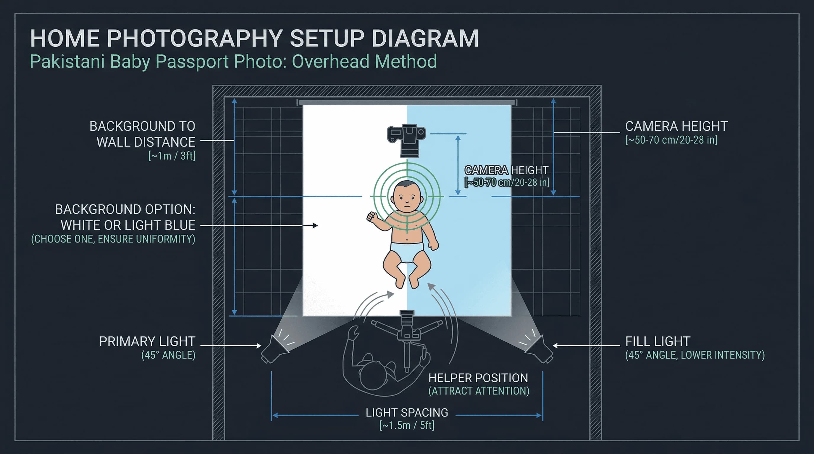 Diagram of a home baby passport photo setup for Pakistan showing camera position, backdrop, lighting placement