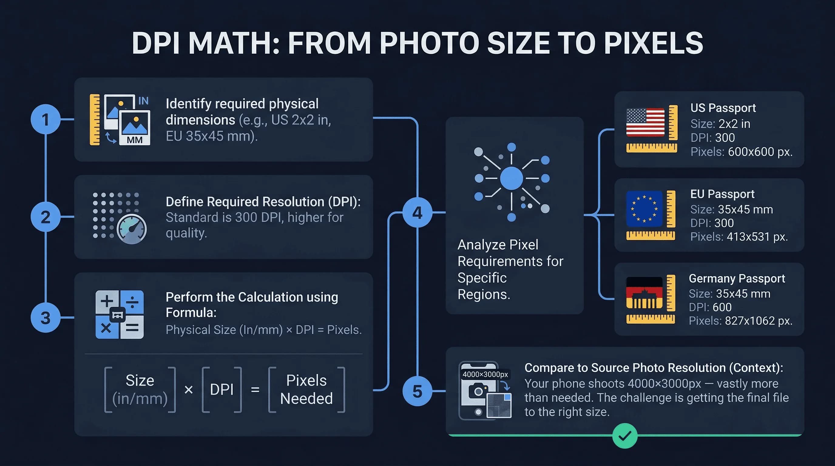 Step-by-step process for setting correct DPI in passport photos: 300 DPI minimum for print, 72 DPI for digital