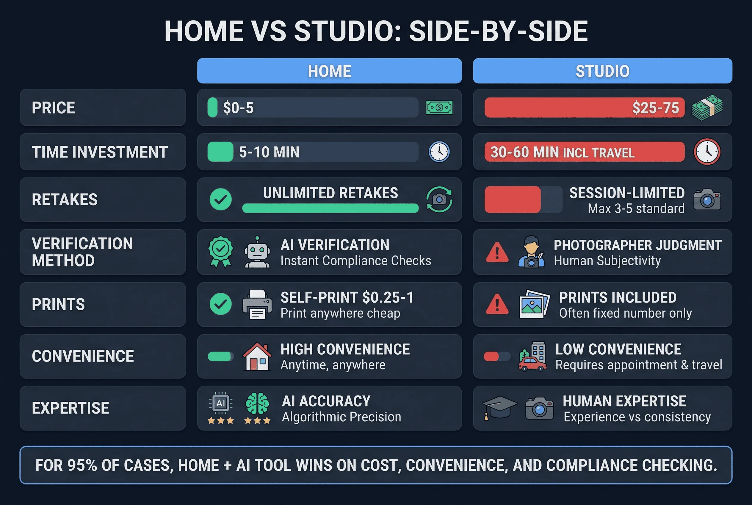 Price and feature comparison: home setup at $0-$5 versus studio at $25-$75 for passport photos