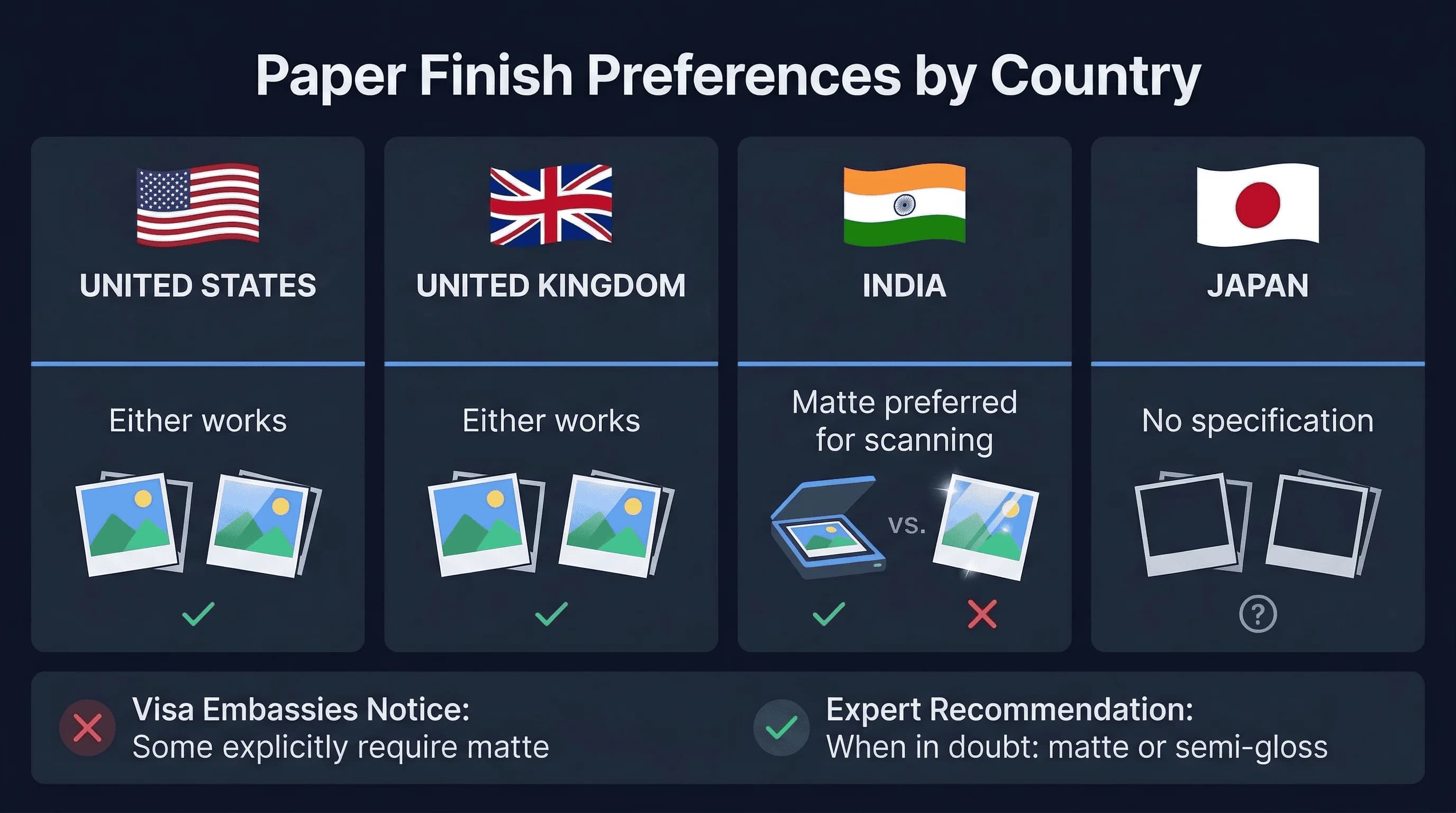 Grid comparing passport photo requirements across India, Japan, UK, US