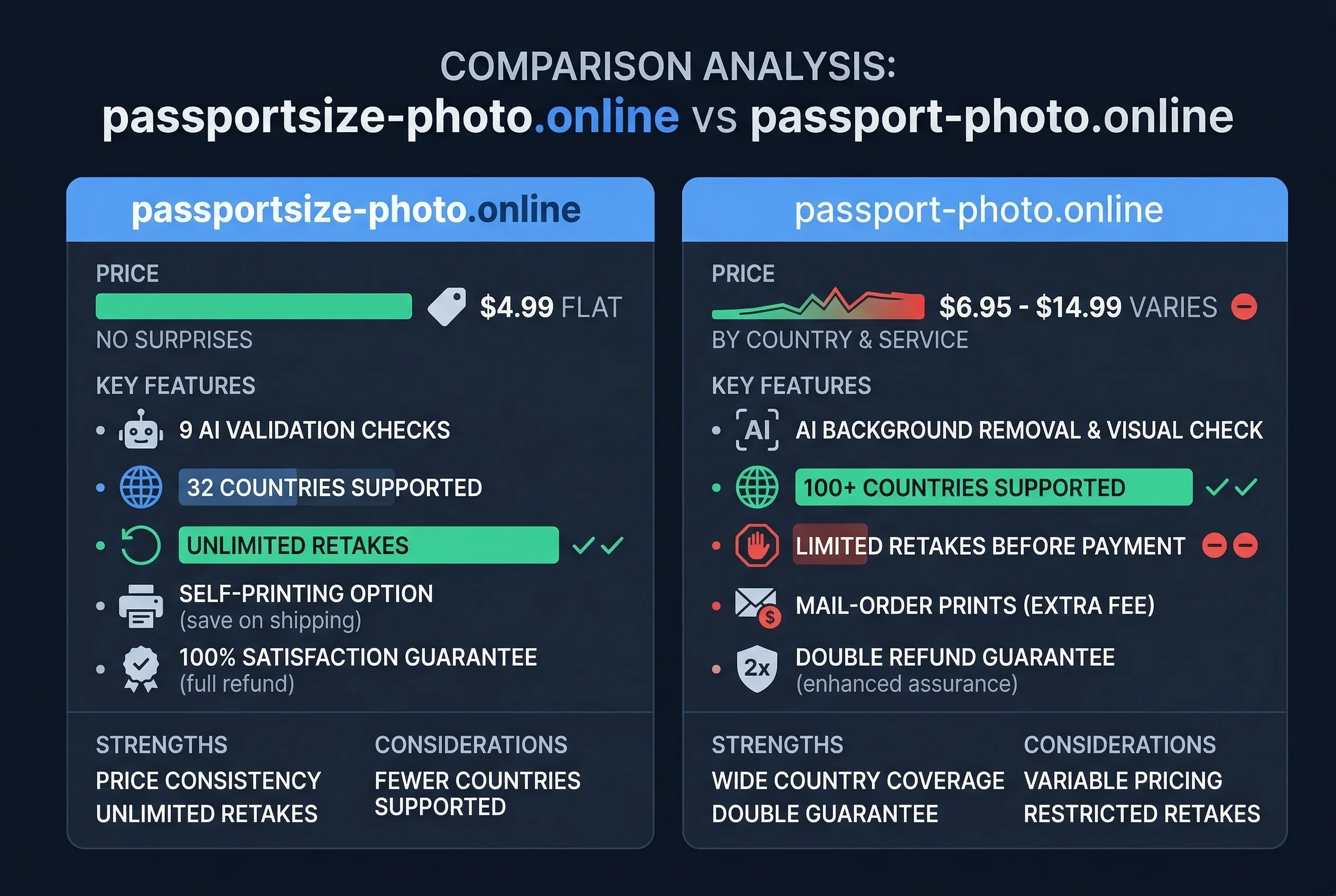 Price and feature comparison: Passport Size Photo at $4.99 flat versus passport-photo.online at $6.95-$14.99