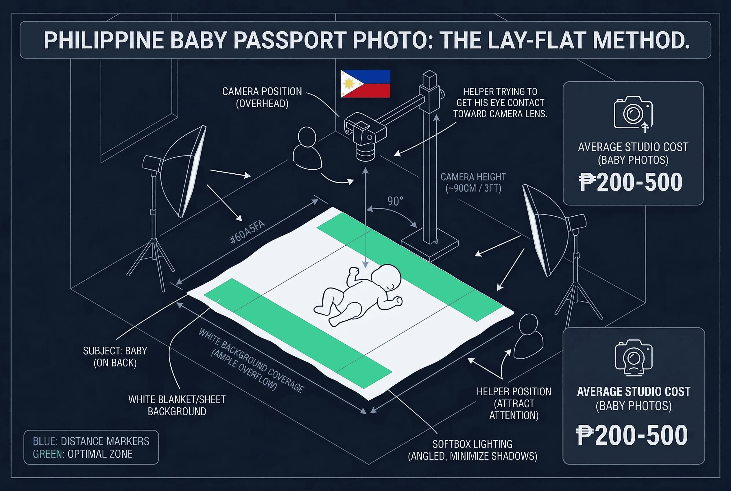 Diagram of a home baby passport photo setup for Philippines showing camera position
