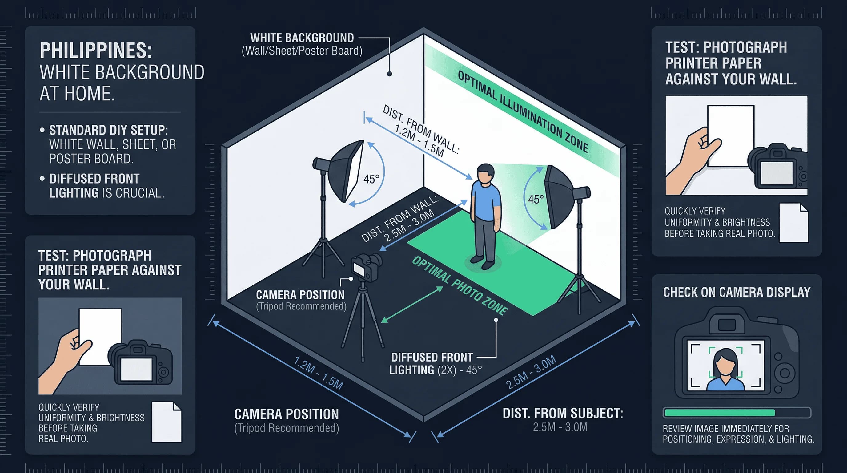 Diagram of a home passport photo setup for Philippines showing camera position, backdrop, lighting placement