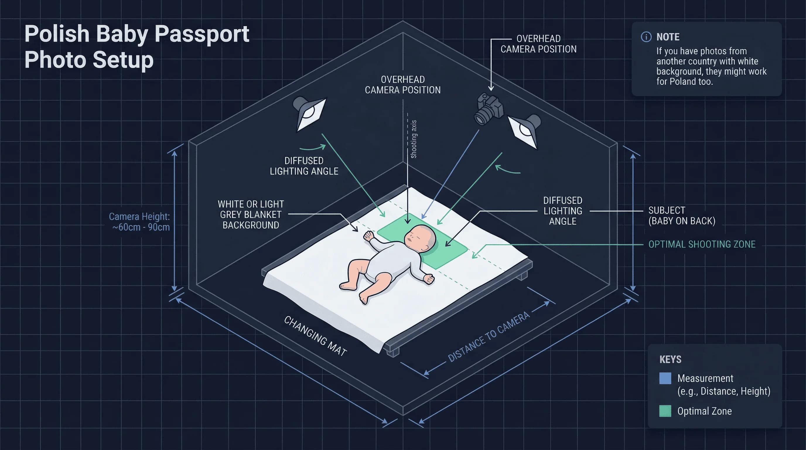 Diagram of a home baby passport photo setup for Poland showing camera position, backdrop, lighting placement
