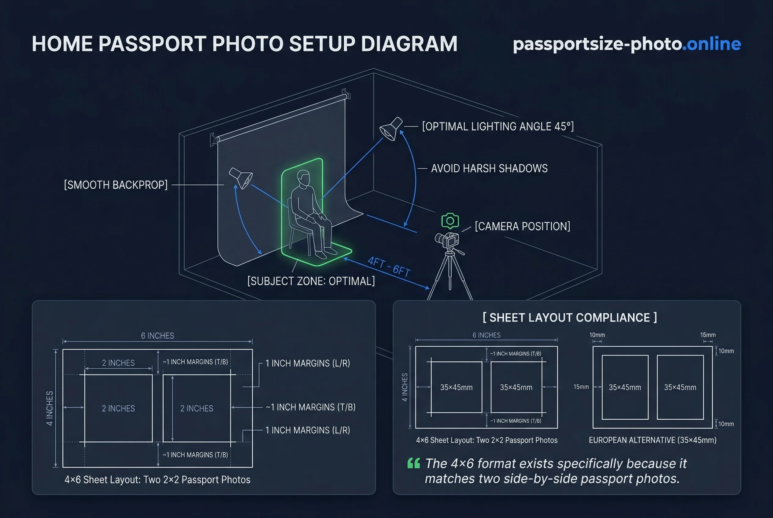Diagram of a home passport photo setup with camera, backdrop, and lighting