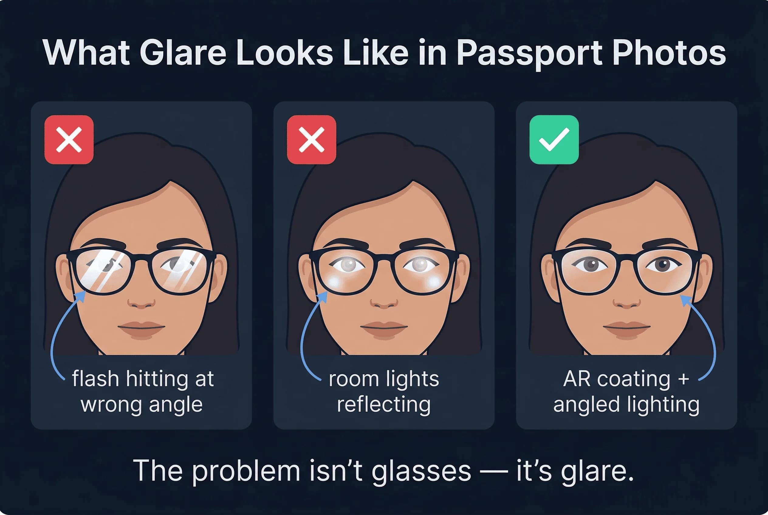 Examples of common passport photo mistakes: white streaks across lenses and bright spots obscuring iris, with correct