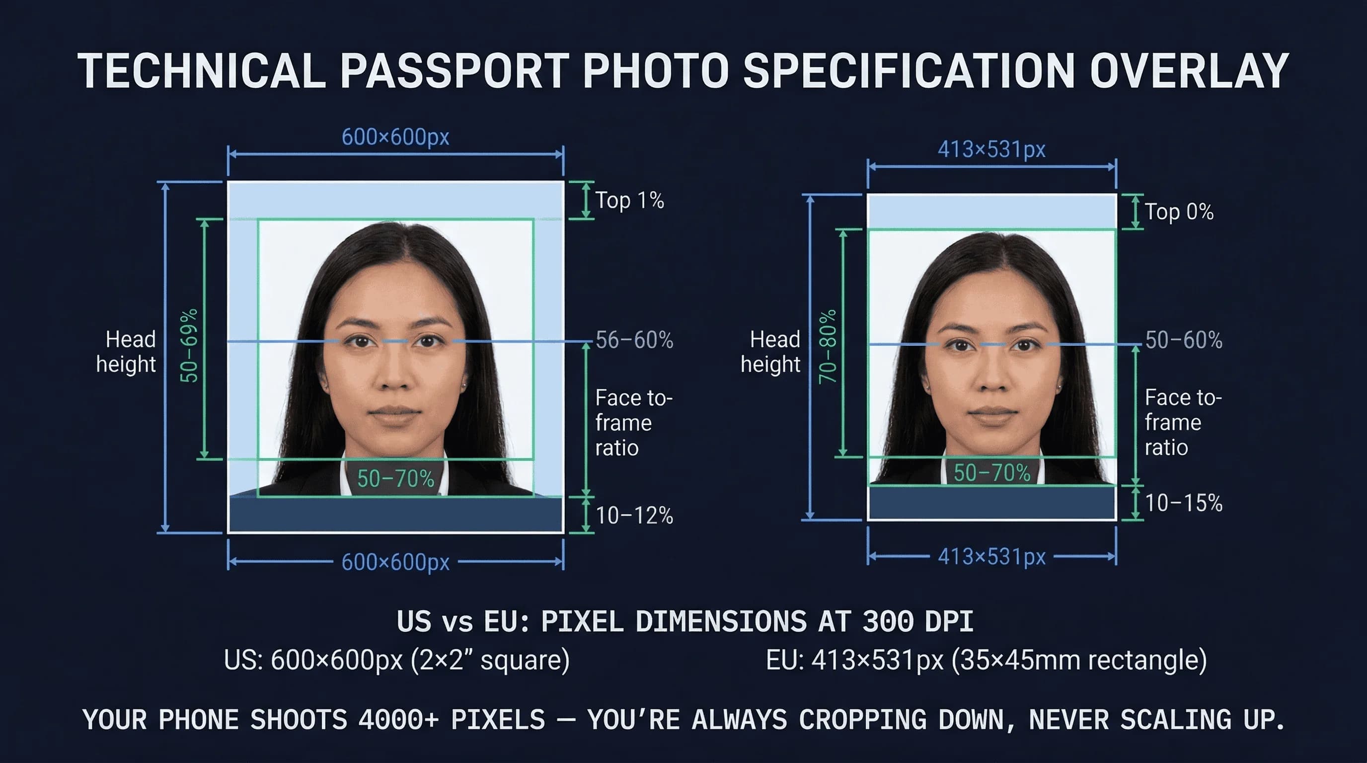 Diagram showing US versus EU passport photo pixel dimensions at 300 DPI: 600×600px vs 413×531px