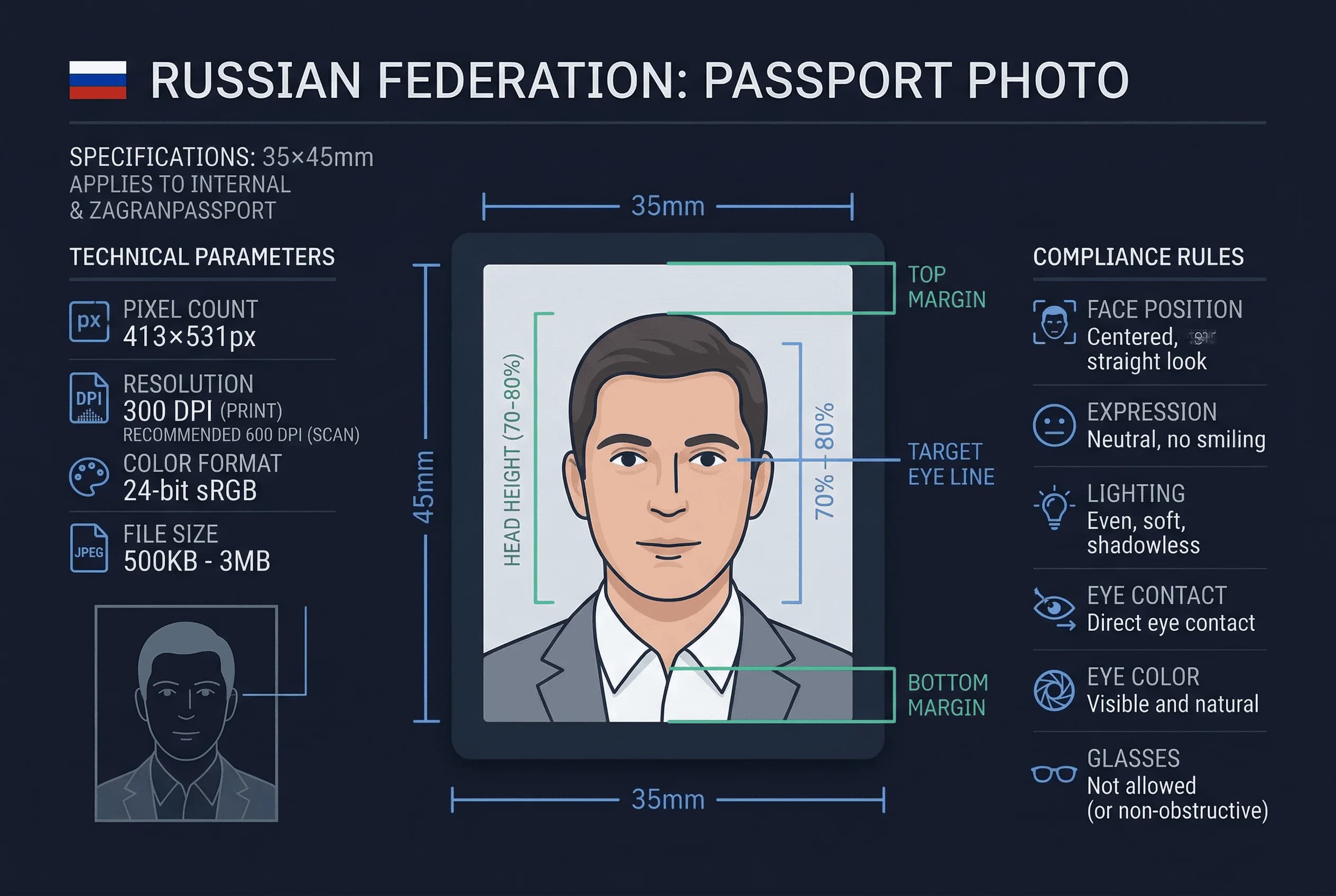 Diagram showing Russia passport photo dimensions: 35×45mm frame with head height and eye line markers