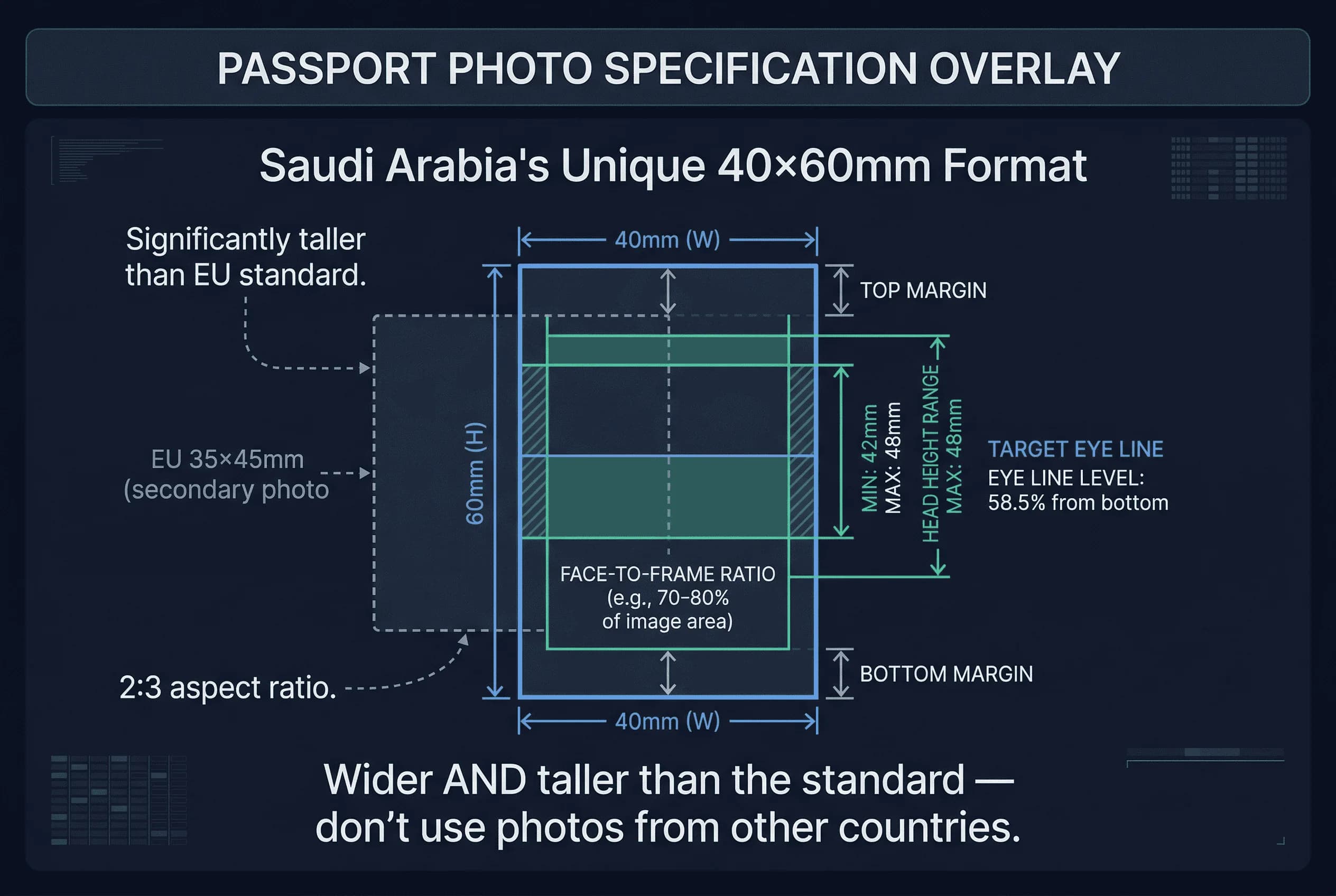 Diagram showing Saudi Arabia baby passport photo dimensions: 40×60mm frame with head height and eye line markers