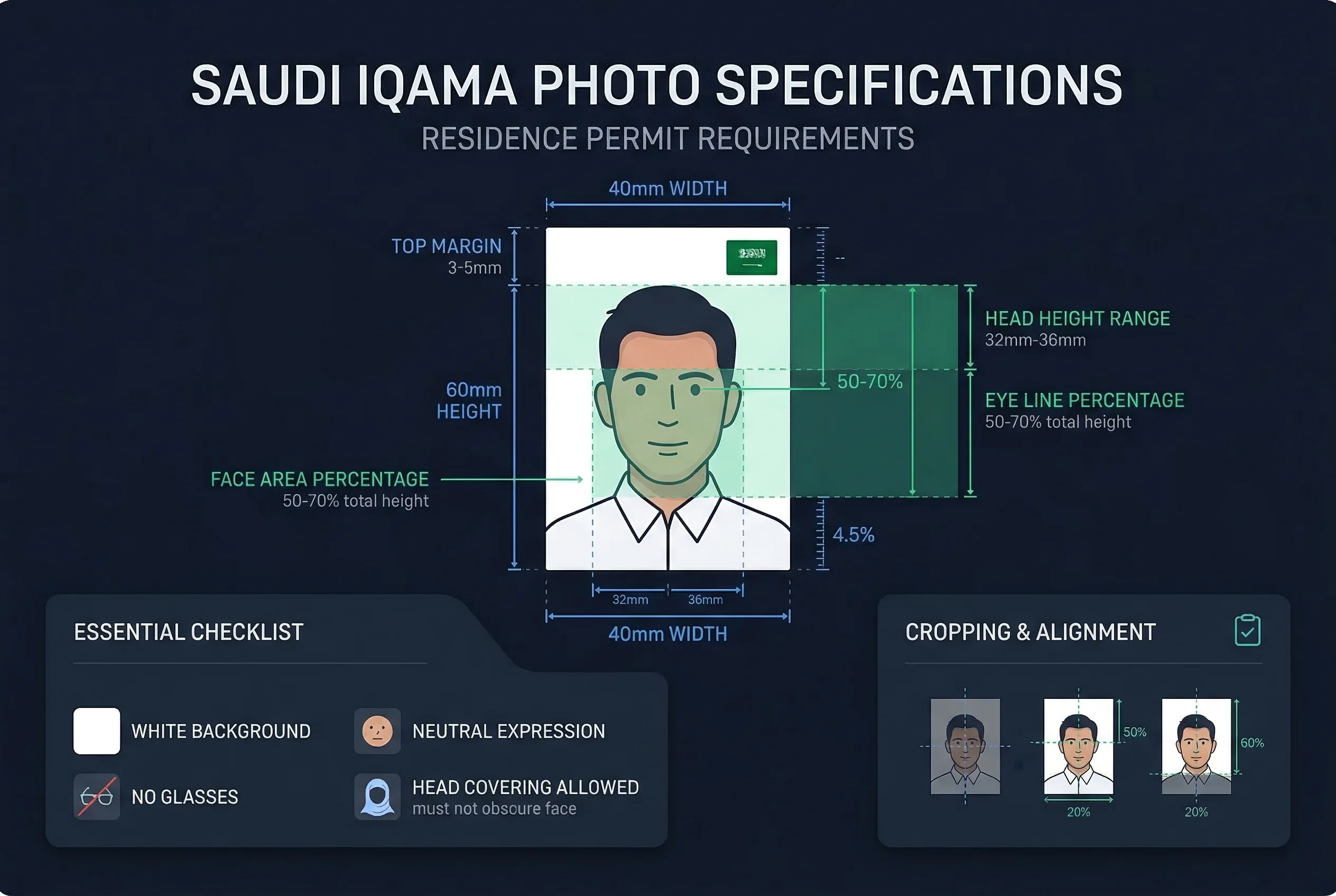 Diagram showing Saudi iqama residence permit photo dimensions: 40×60mm frame with head height and eye line markers