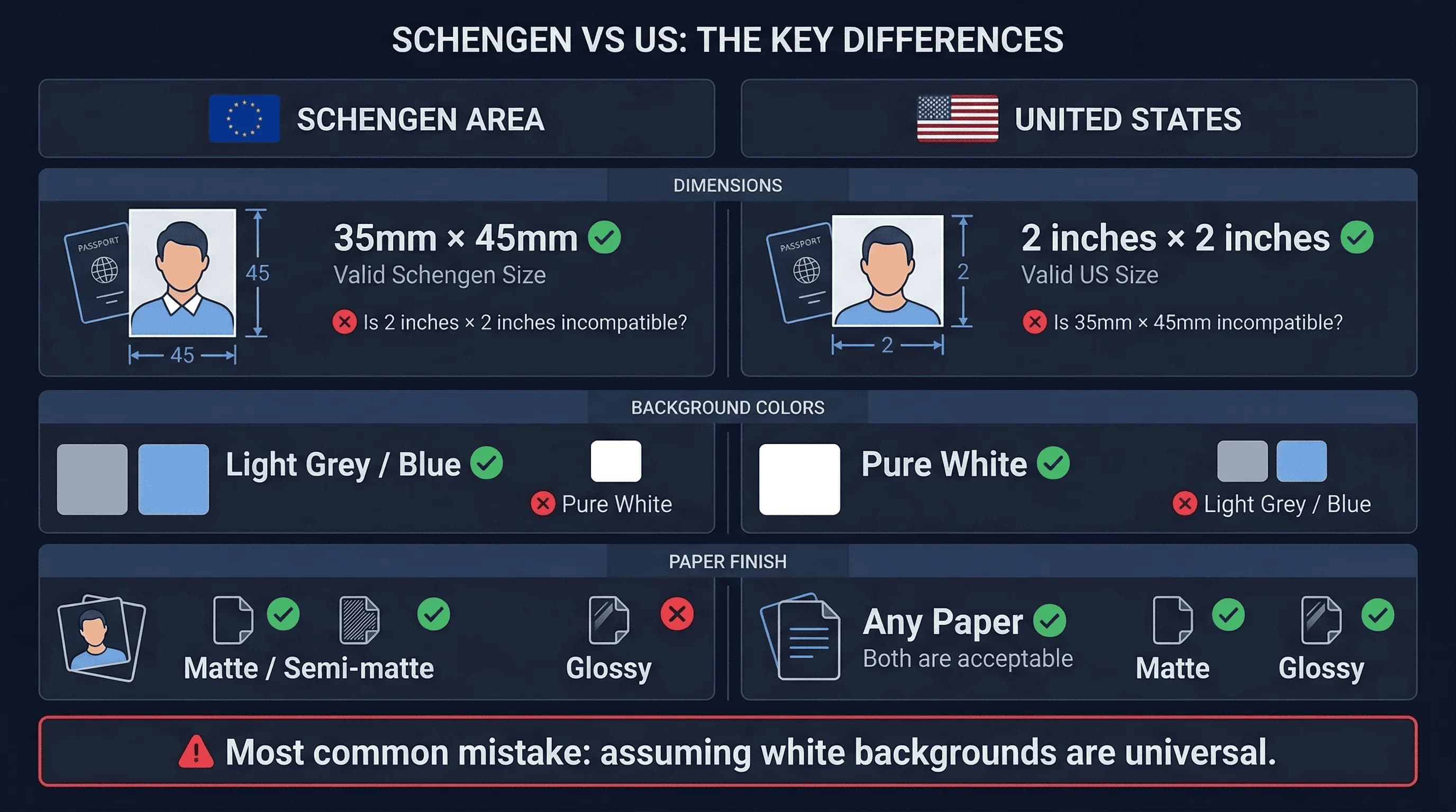 Grid comparing passport photo background rules for Schengen versus other countries