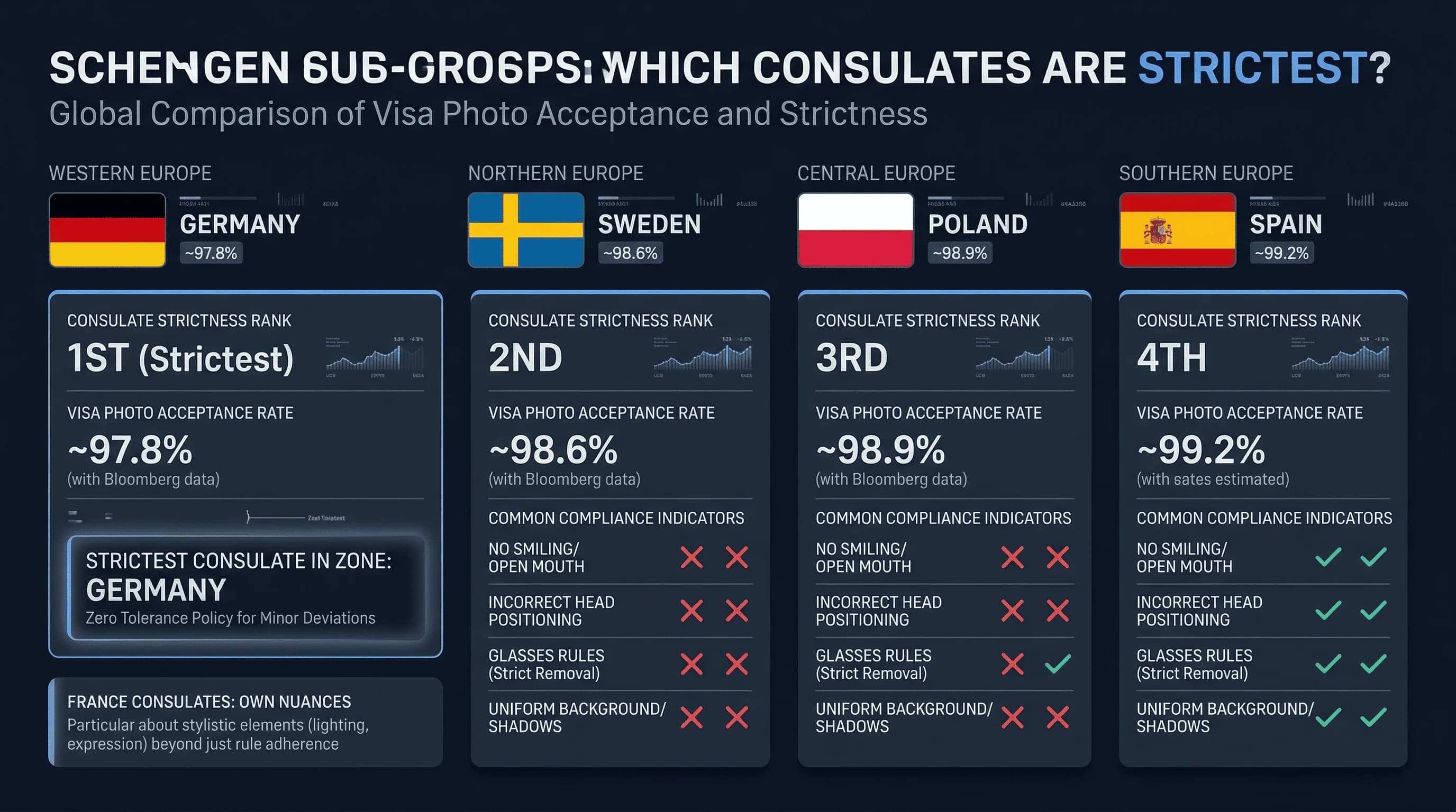 Grid comparing Schengen visa photo requirements across France, Germany, and EU member states