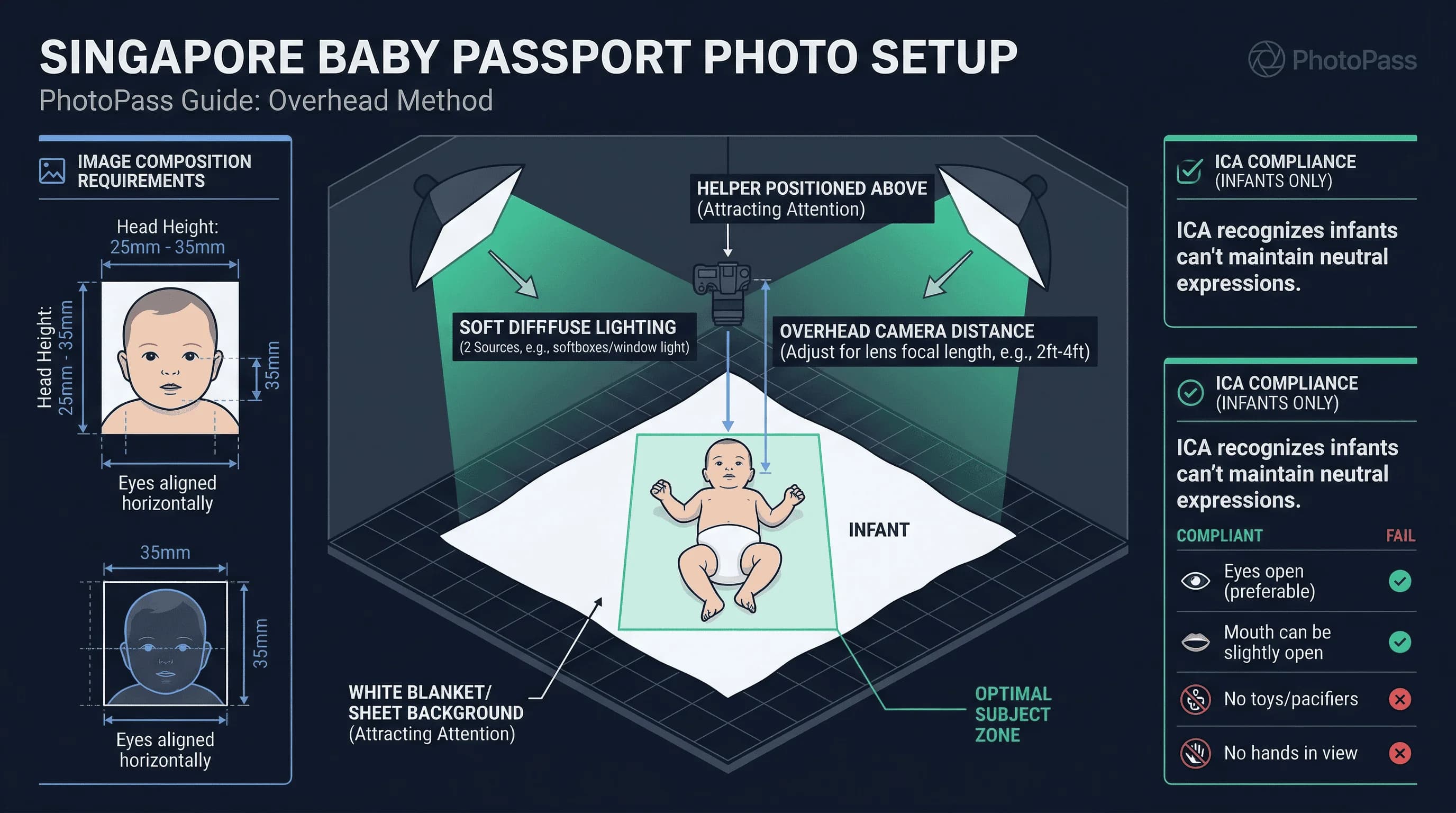 Diagram of a home baby passport photo setup for Singapore showing camera position