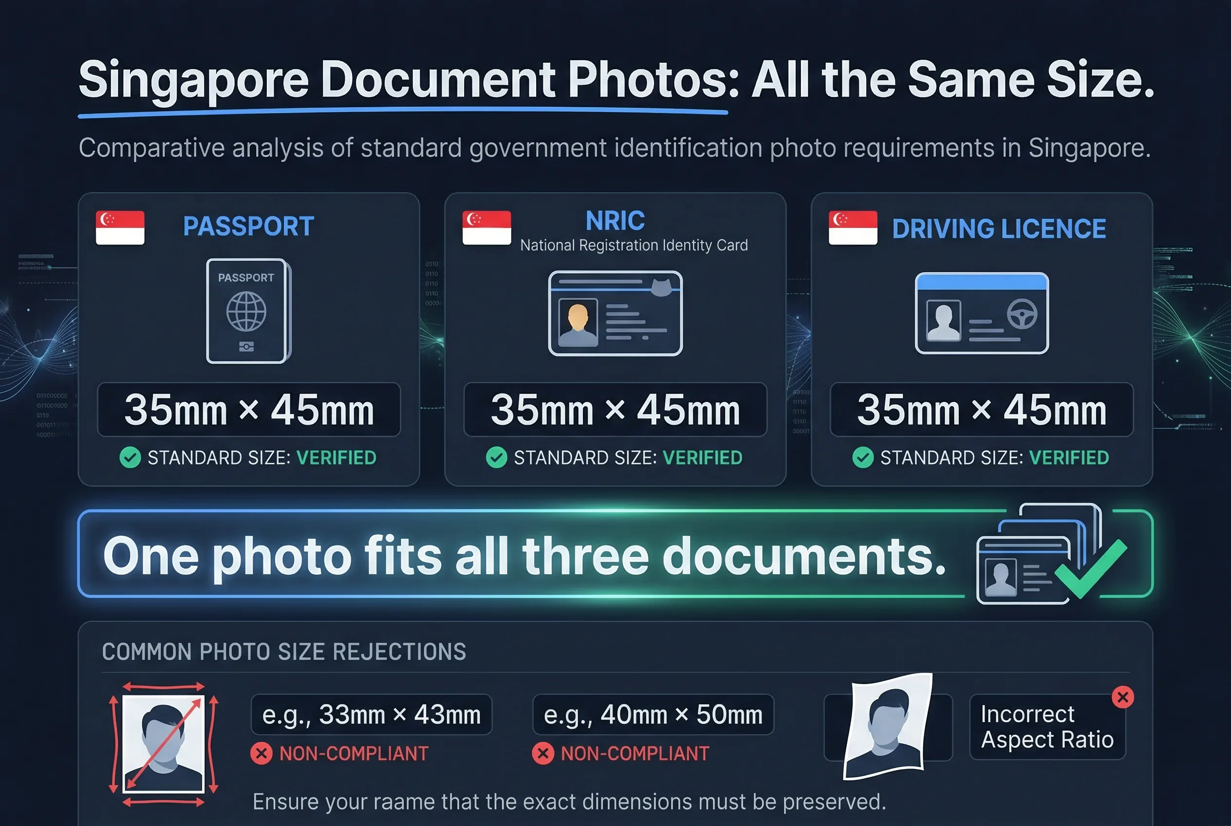 Grid comparing driving licence photo sizes for Singapore versus other countries