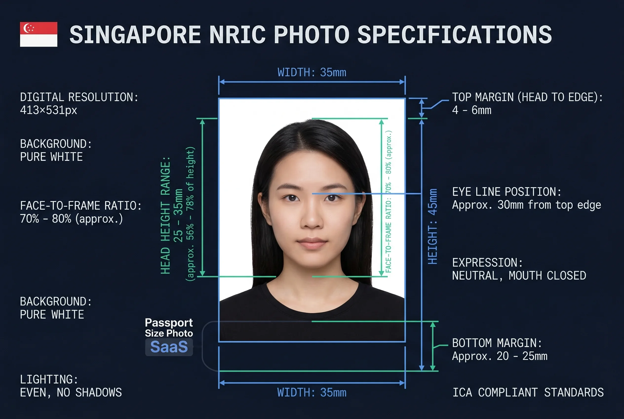 Diagram showing Singapore NRIC photo dimensions: 35×45mm frame with head height and eye line markers