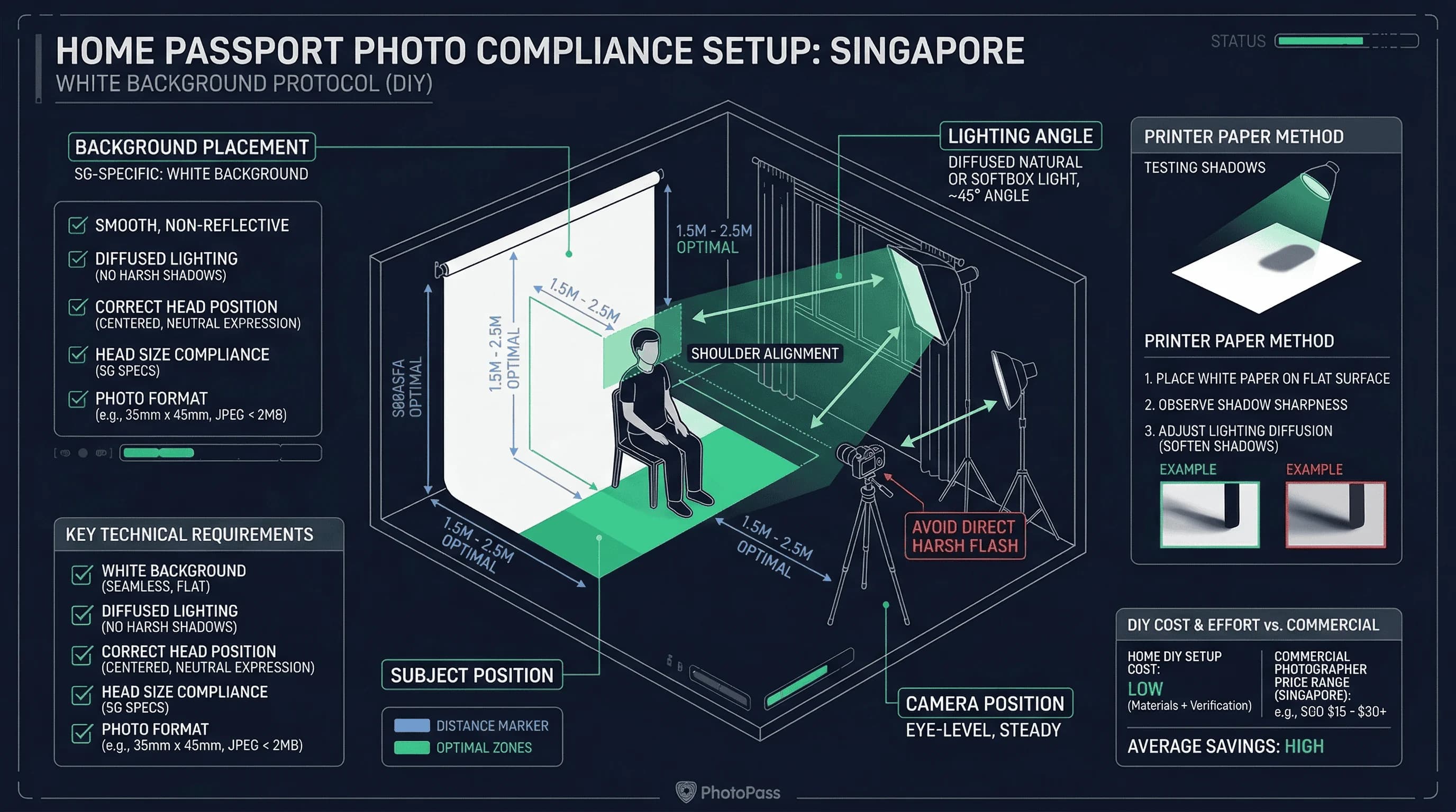 Diagram of a home passport photo setup for Singapore showing backdrop, lighting placement