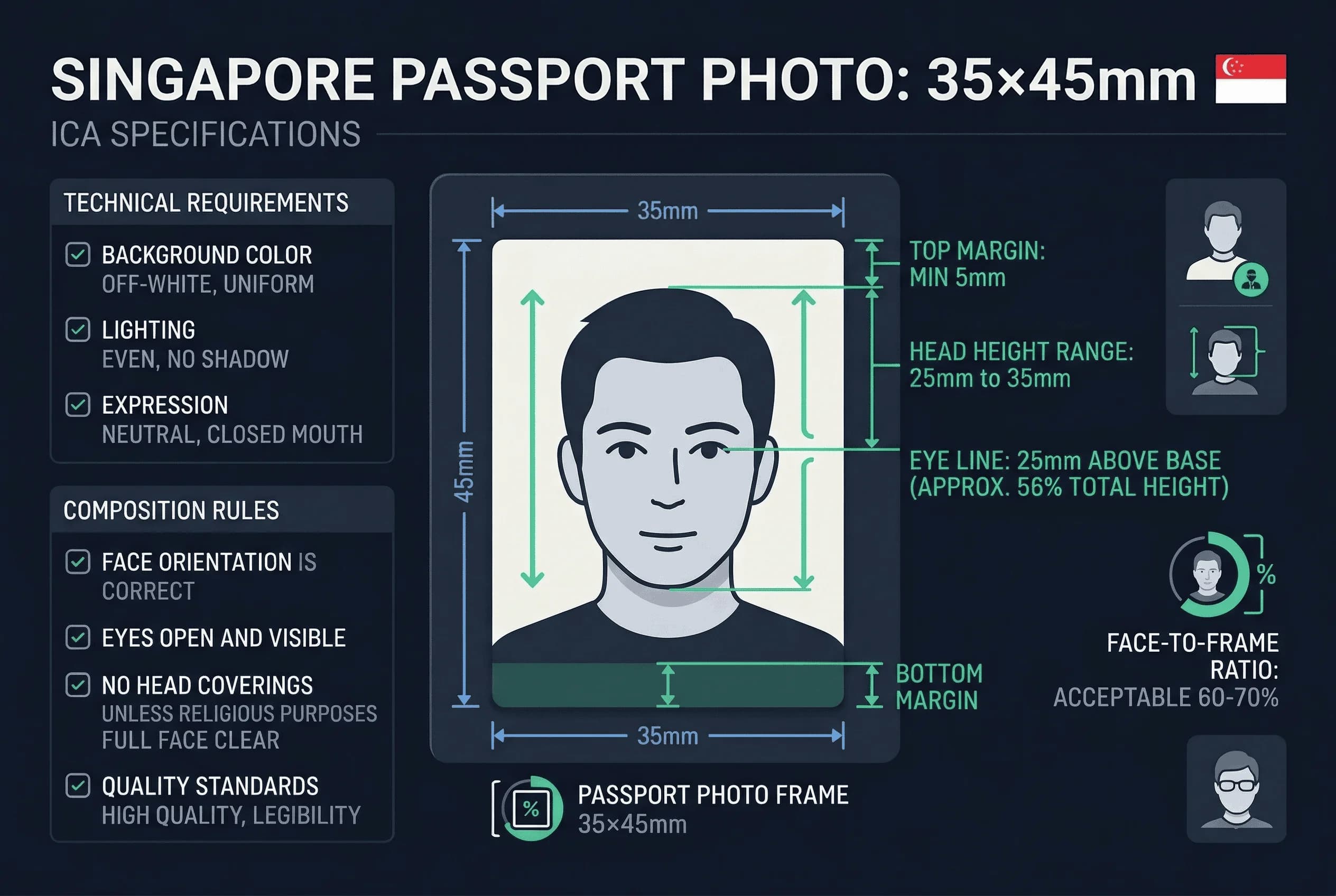 Diagram showing Singapore passport photo dimensions: 35×45mm frame with head height and eye line markers