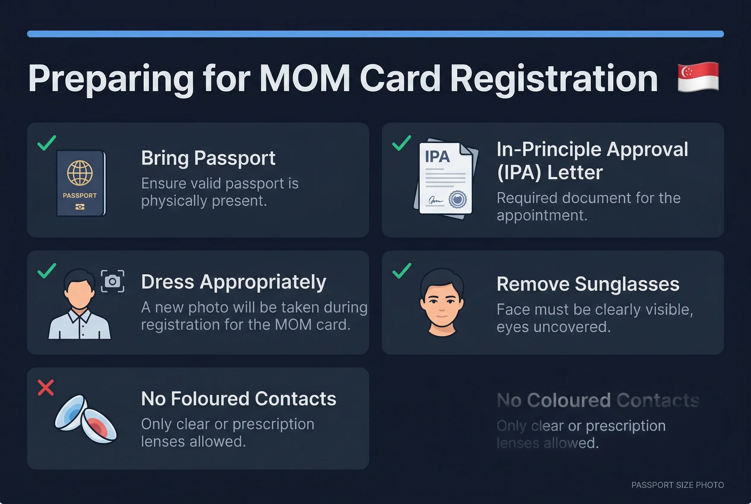 Requirements checklist for Singapore work pass photos: bring passport, approval letter, dress appropriately