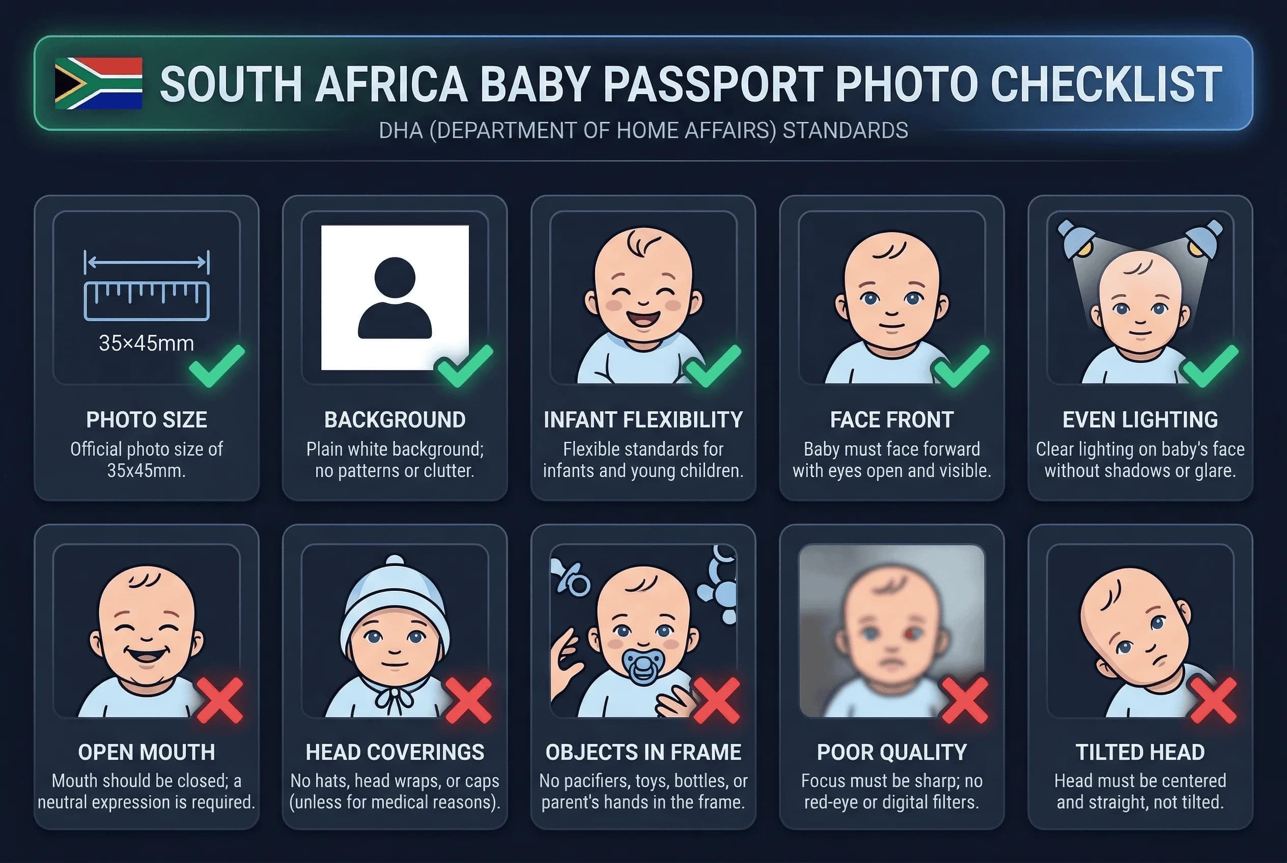 Requirements checklist for South Africa baby passport photos: 35×45mm size