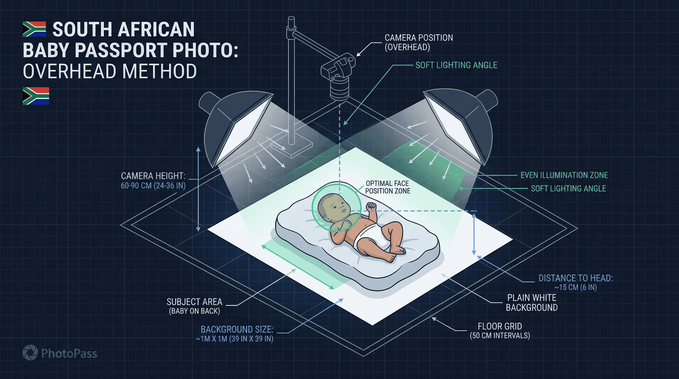 Diagram of a home baby passport photo setup for South Africa showing backdrop