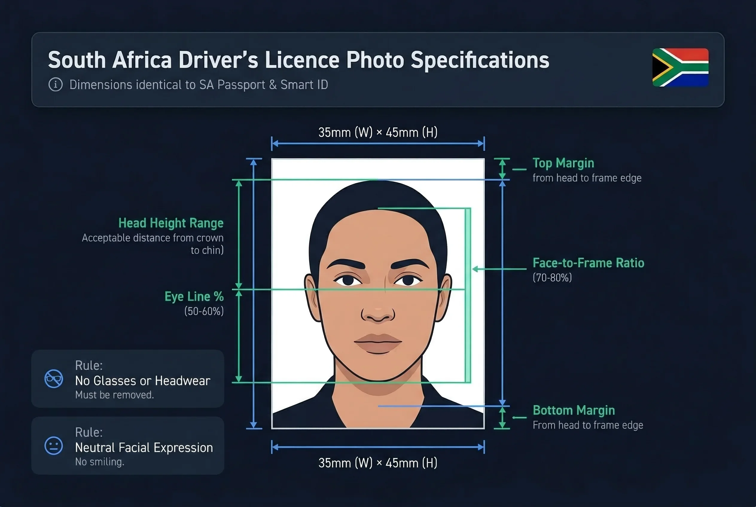 Diagram showing South Africa driver's licence photo dimensions: 35×45mm frame with head height and eye line markers