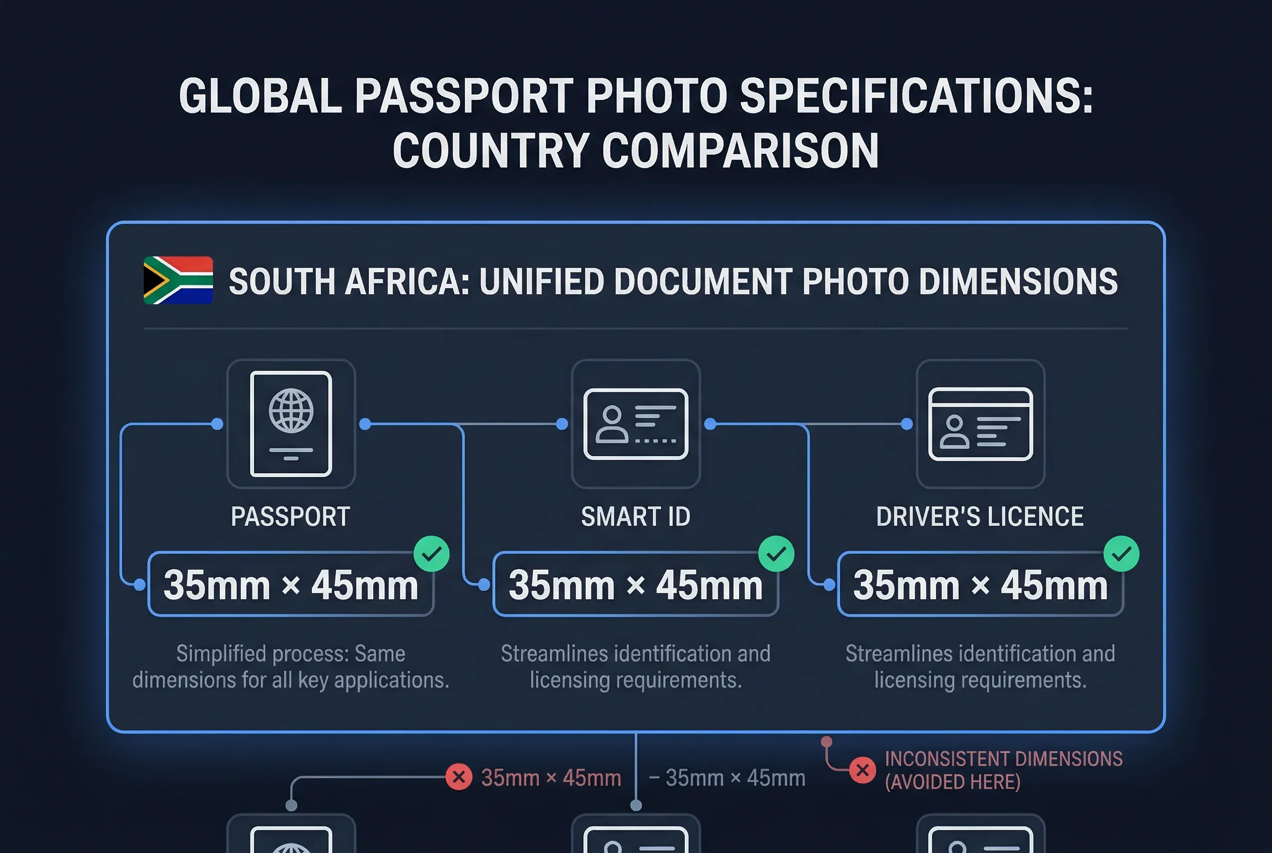 Grid comparing driver's licence photo requirements for South Africa versus other countries