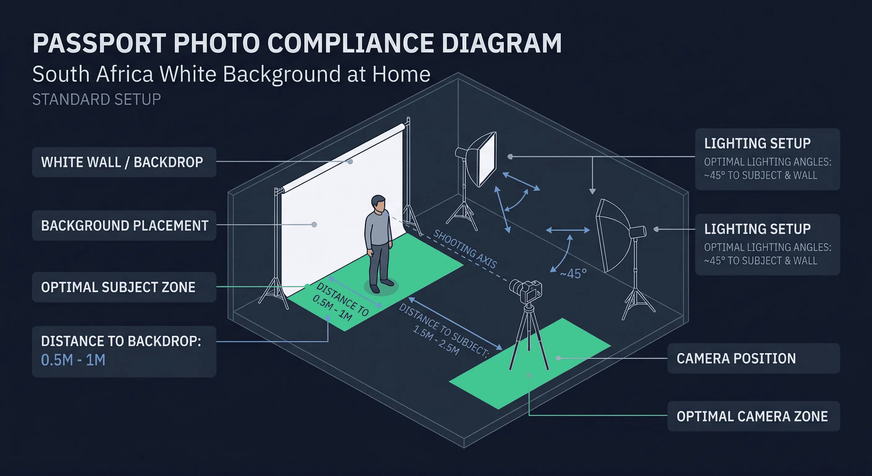 Diagram of a home passport photo setup for South Africa showing backdrop