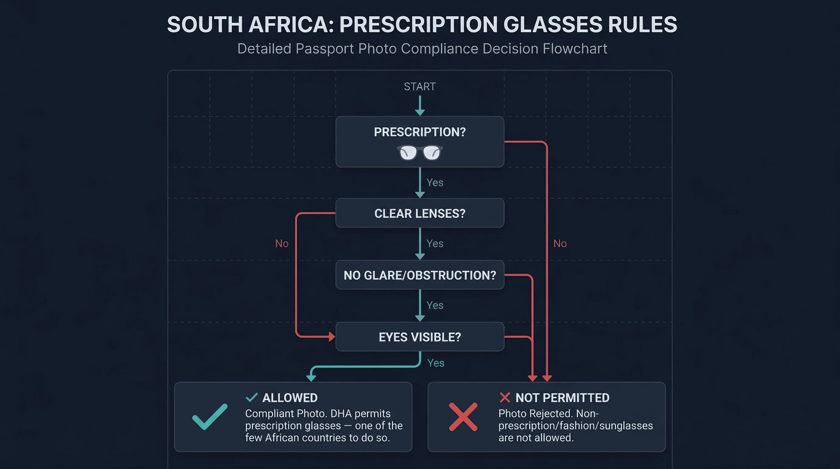 Flowchart showing whether prescription glasses are allowed in South Africa passport photos