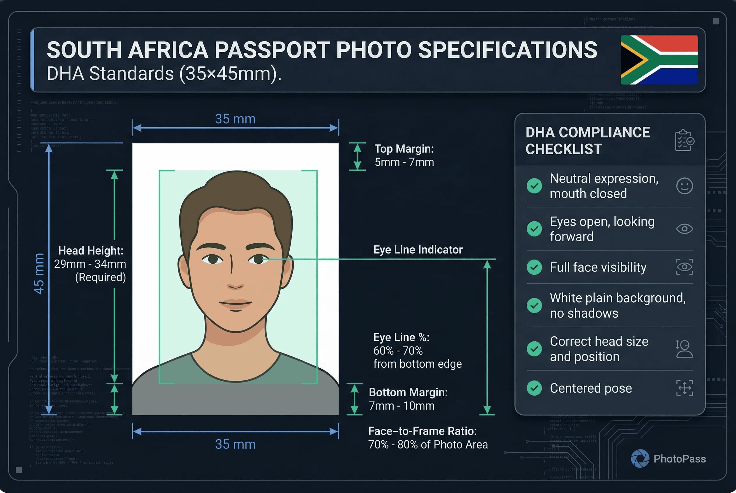 Diagram showing South Africa passport photo dimensions: 35×45mm frame with head height and eye line markers