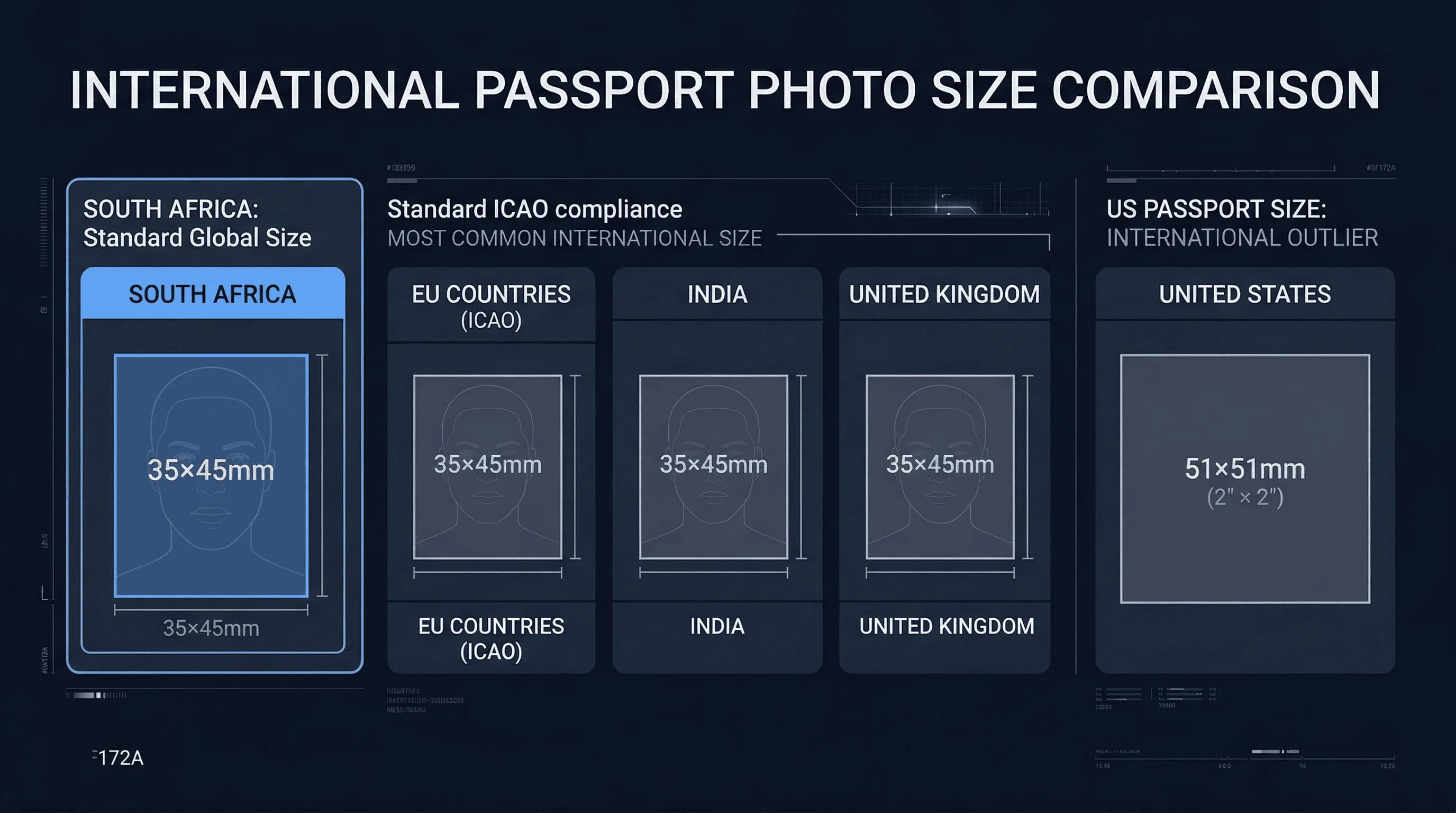Size comparison chart showing passport photo dimensions for India, South Africa, UK, US
