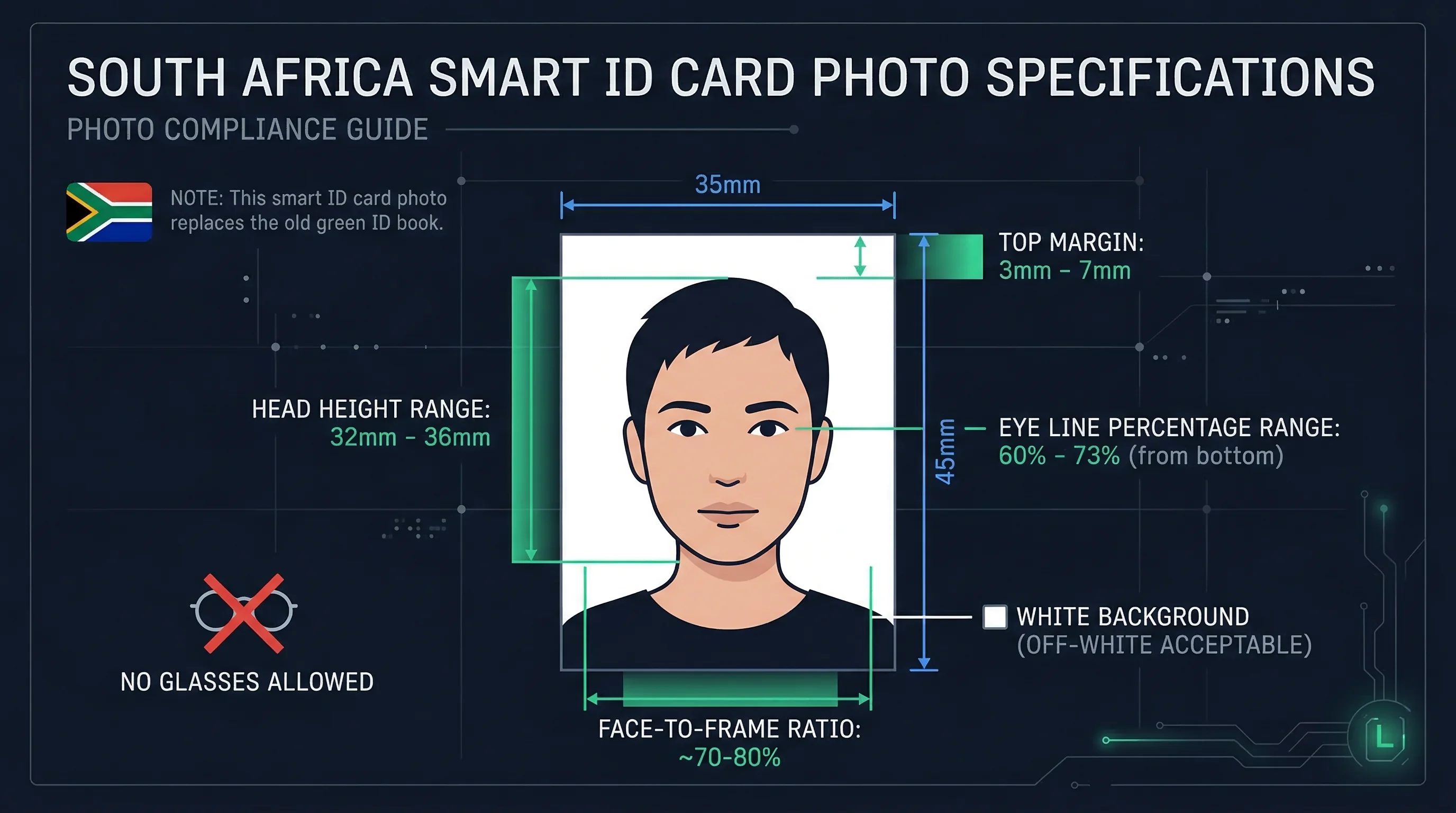 Diagram showing South Africa ID card photo dimensions: 35×45mm frame with head height and eye line markers
