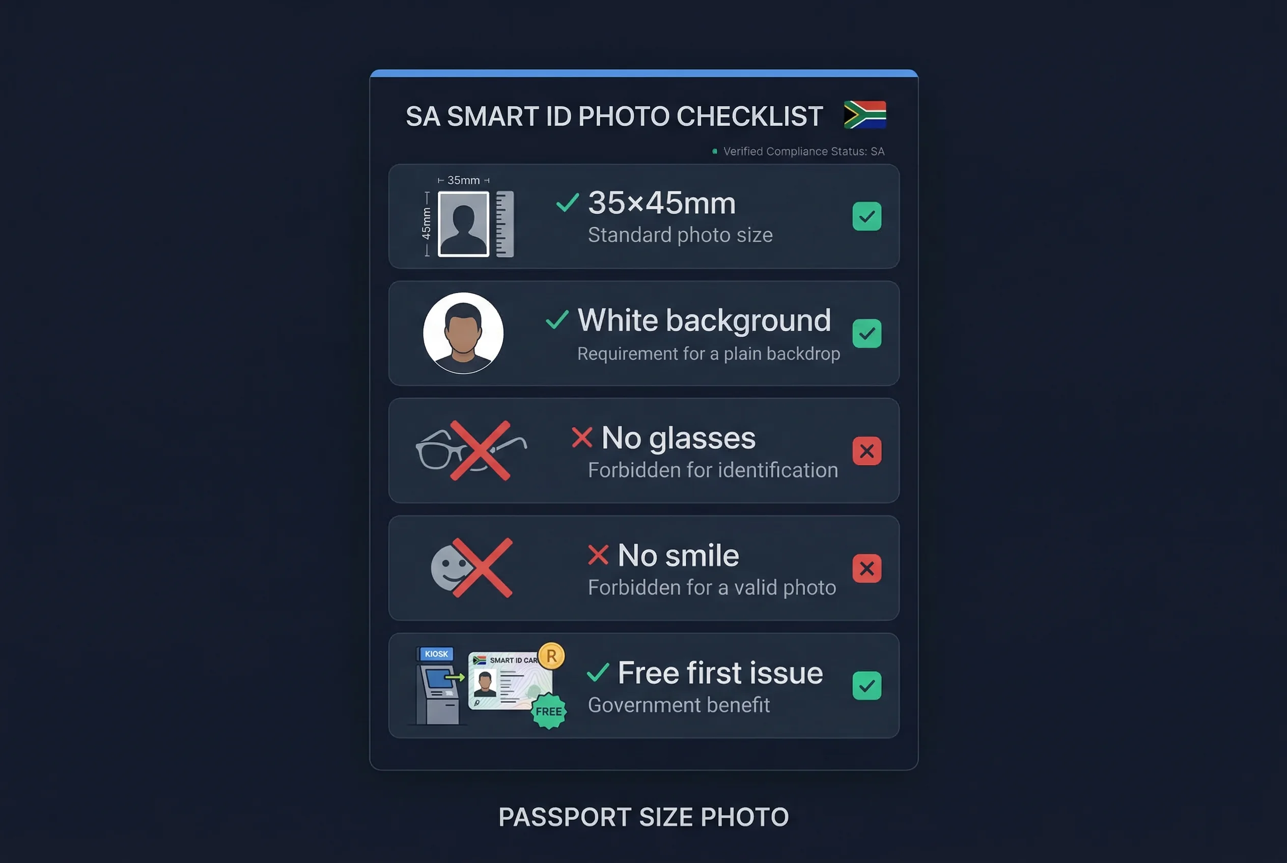 Requirements checklist for South Africa ID card photos: 35×45mm size