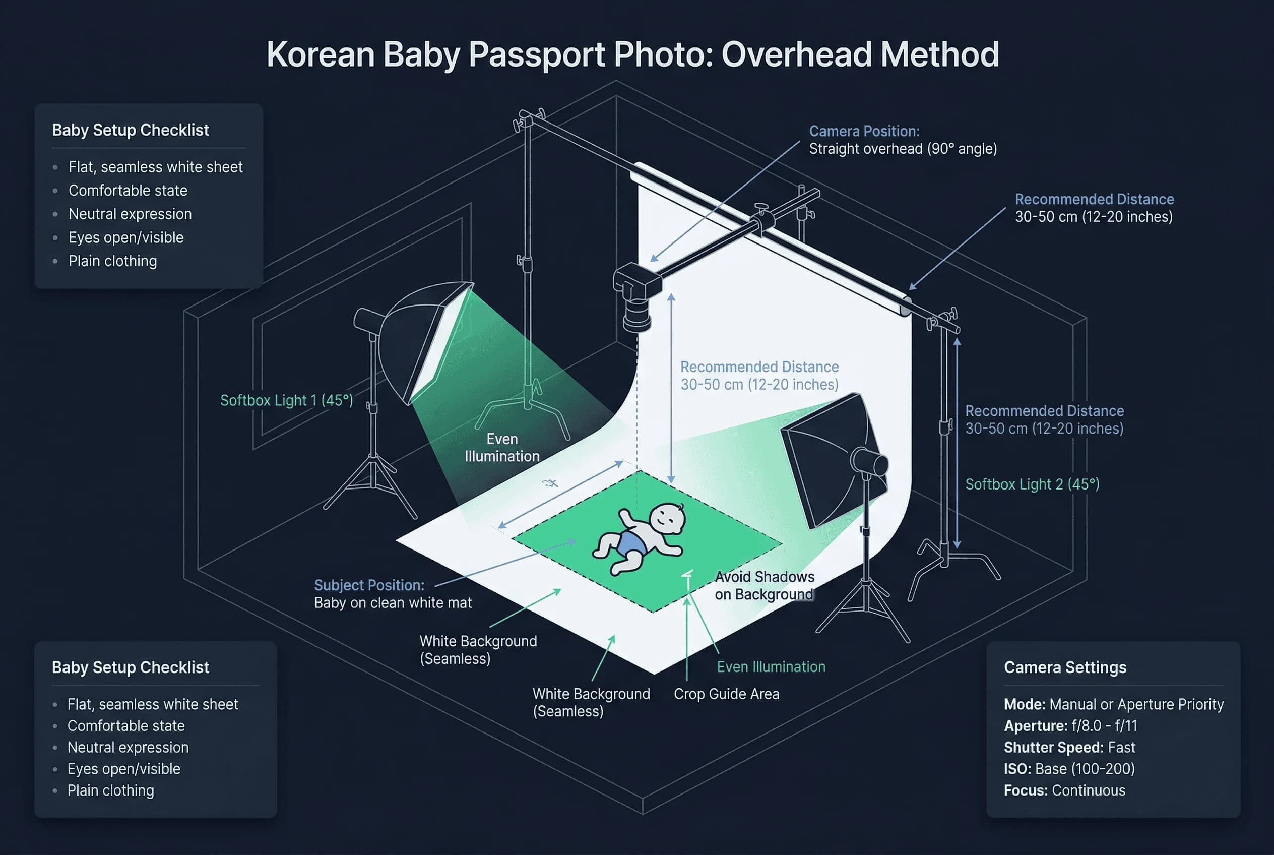 Diagram of a home baby passport photo setup for South Korea with camera, backdrop, and lighting