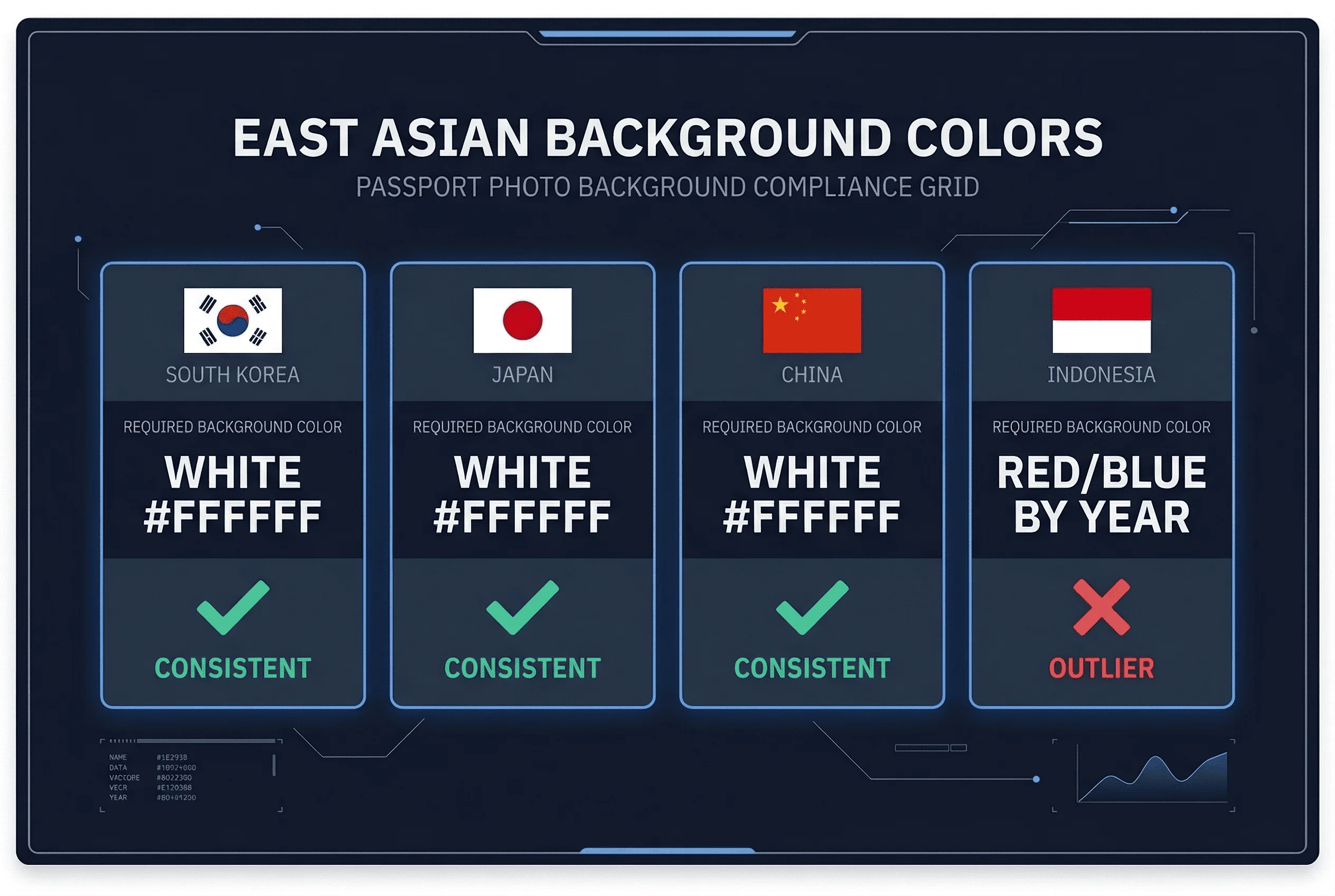 Grid comparing passport photo background requirements across China, Indonesia, Japan, South Korea